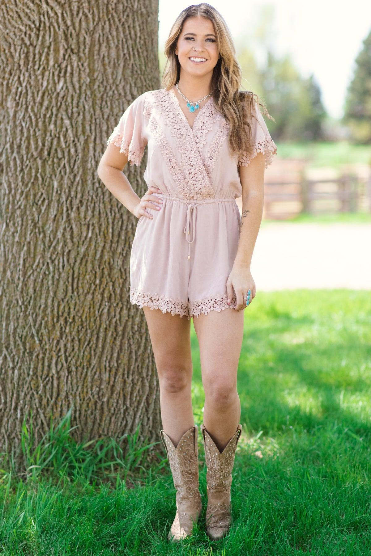 Tan Crochet Trim Short Sleeve Romper Product Image