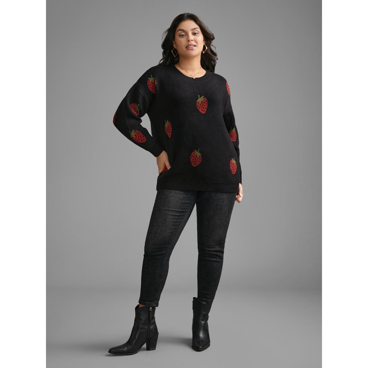 Plus Size Strawberry Jacquard Drop Shoulder Sleeve Pullover Black Women Casual Loose Long Sleeve Round Neck Everyday Pullovers BloomChic 28/5X Product Image
