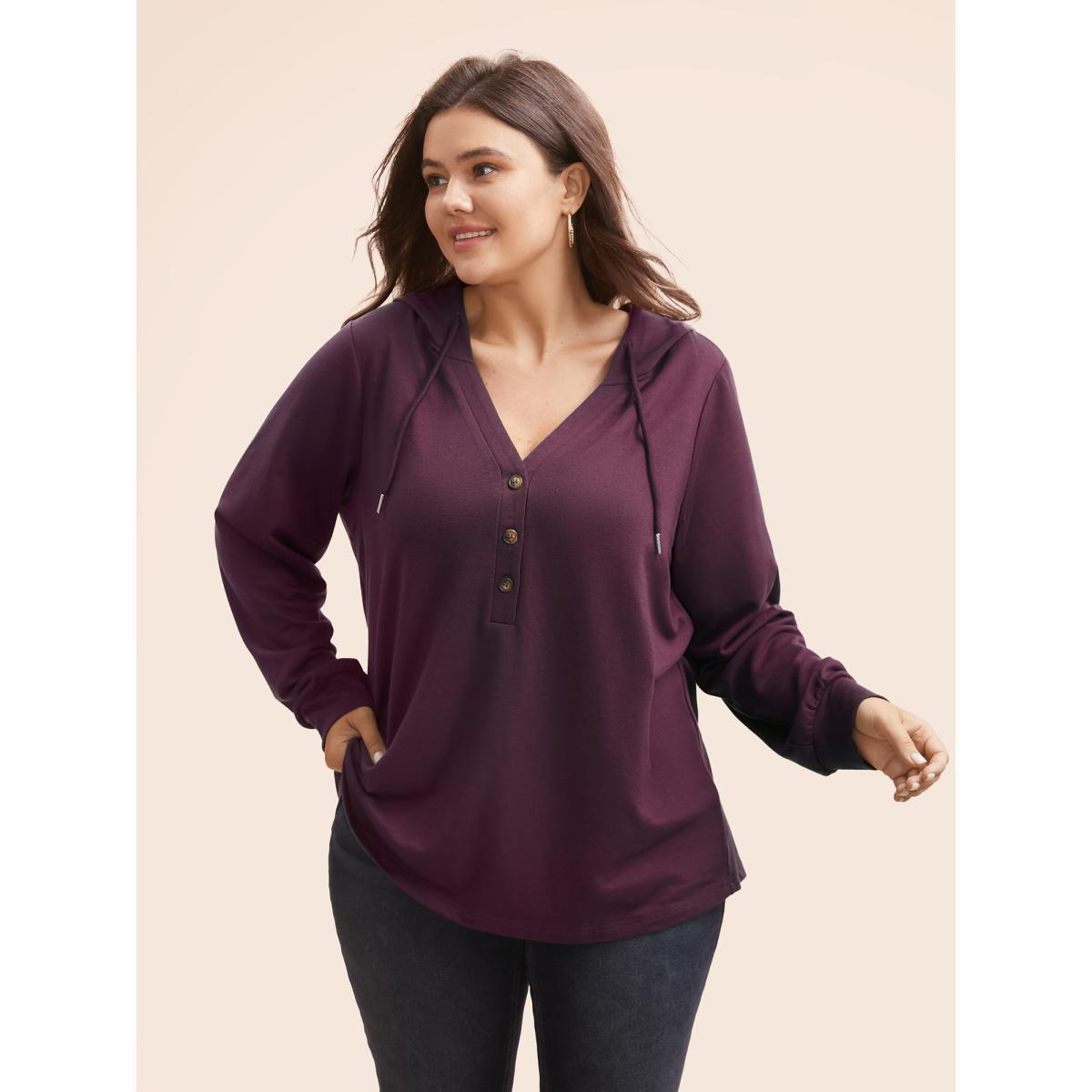 Plus Size Plain Button Up Drawstring Hooded Sweatshirt Women DarkGreen Casual Elastic cuffs Hooded Dailywear Sweatshirts BloomChic 26/4X Product Image
