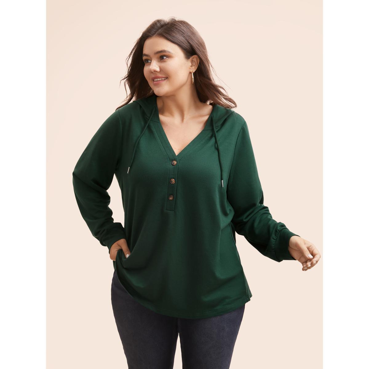 Plus Size Plain Button Up Drawstring Hooded Sweatshirt Women DarkGreen Casual Elastic cuffs Hooded Dailywear Sweatshirts BloomChic 26/4X Product Image