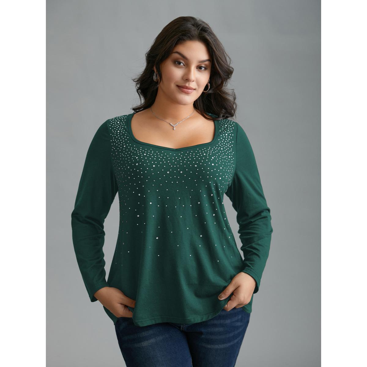 Plus Size Sequin Stretchy Long Sleeve T-shirt DarkGreen Women Elegant Rhinestone detailing Heart neckline Everyday T-shirts BloomChic 22-24/3X Product Image