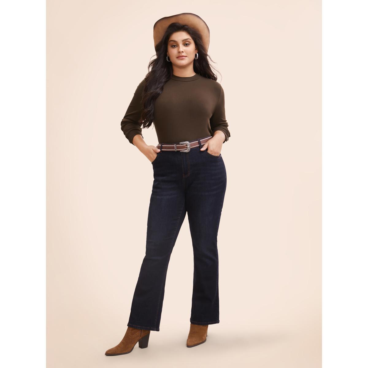 Plus Size Adjustable Sleeves Rodeo Slim-Fit T-shirt DarkBrown Women Casual Texture Mock Neck Skinny Everyday T-shirts BloomChic 14-16/1X Product Image