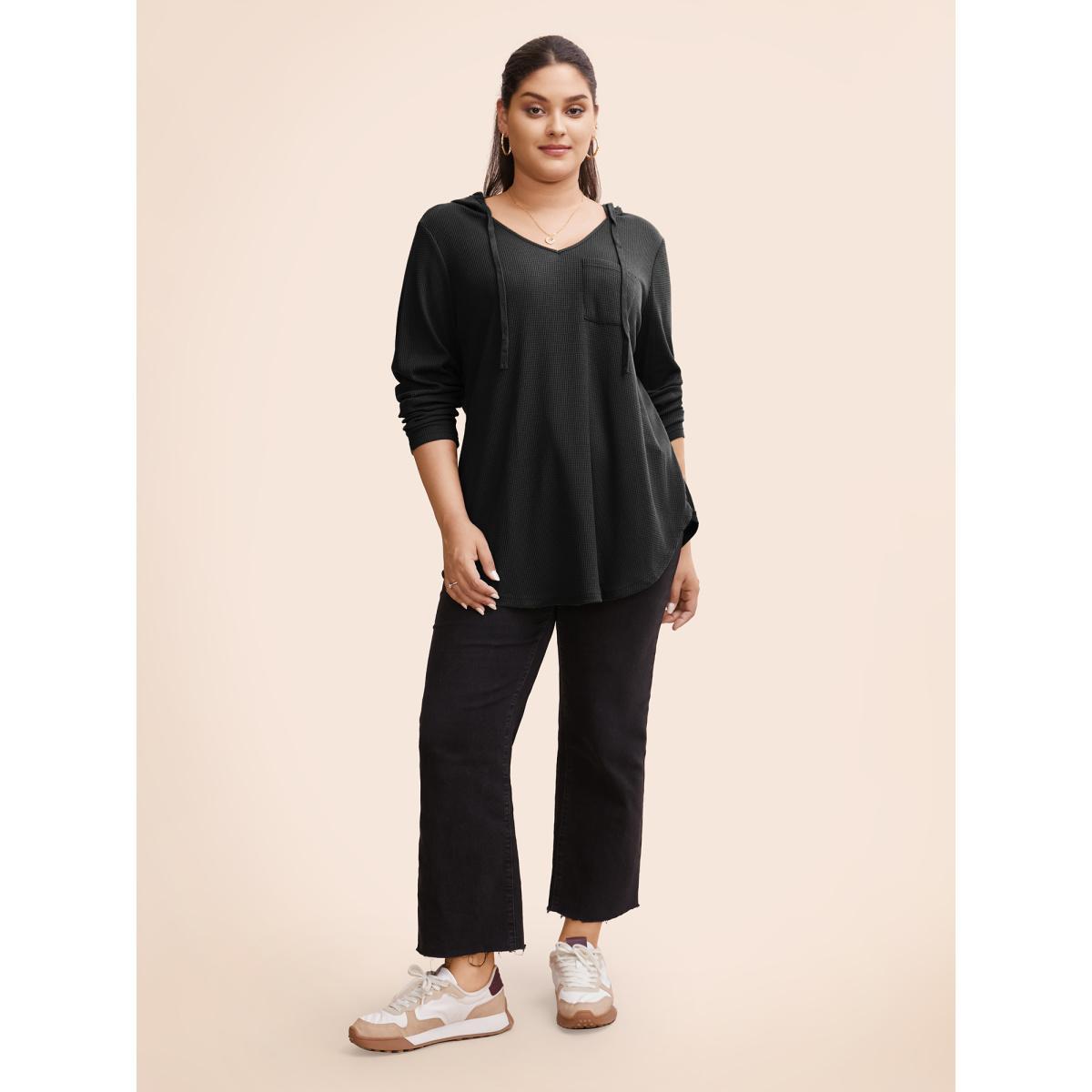 Plus Size Waffle Knit Pocket Hooded Drawstring Arc Hem T-shirt Black Women Casual Texture Plain Hooded Everyday T-shirts BloomChic 28/5X Product Image