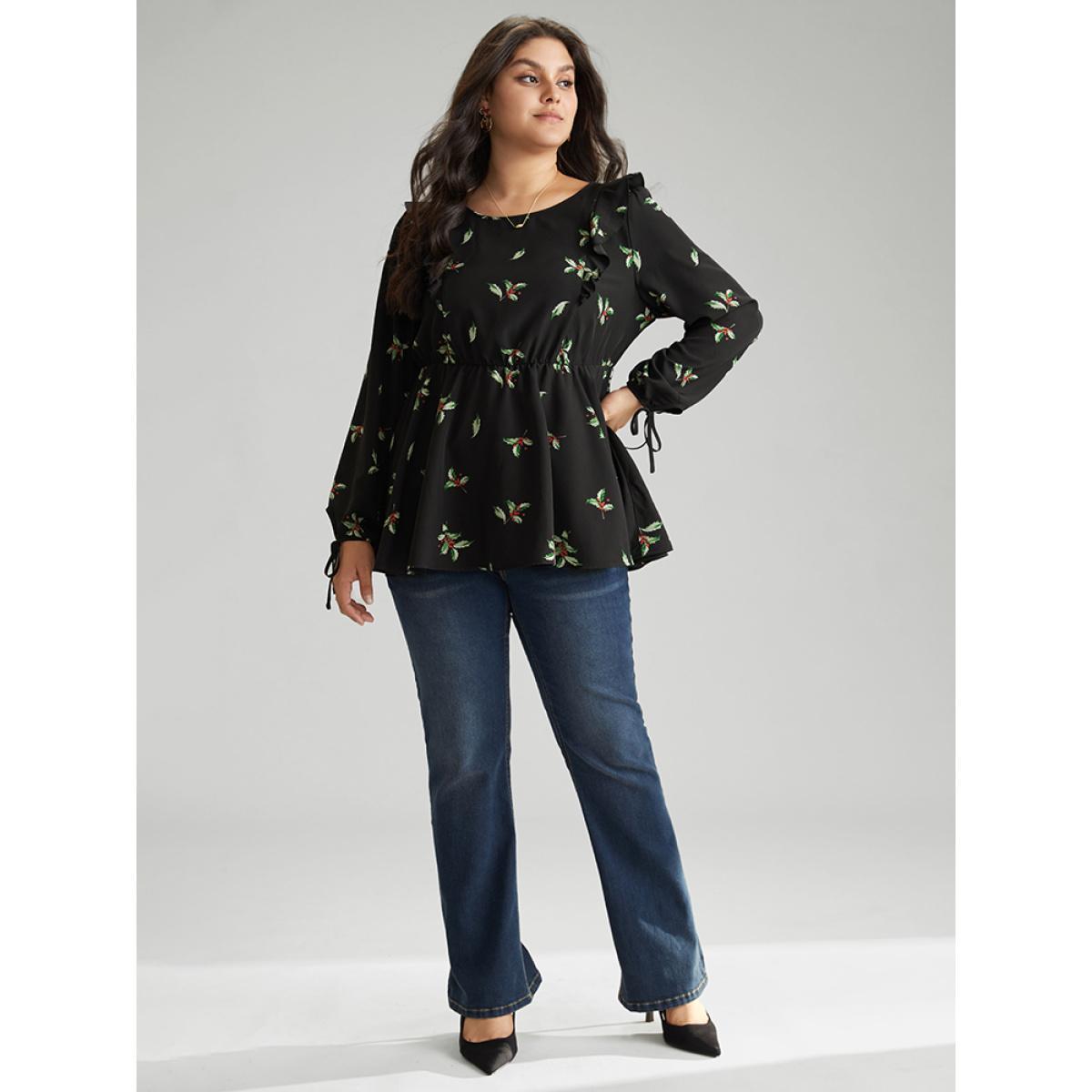 Plus Size Black Christmas Ruffles Elastic Waist Ties Lantern Sleeve Blouse Women Elegant Long Sleeve Round Neck Festival-Christmas Blouses BloomChic 14-16/1X Product Image