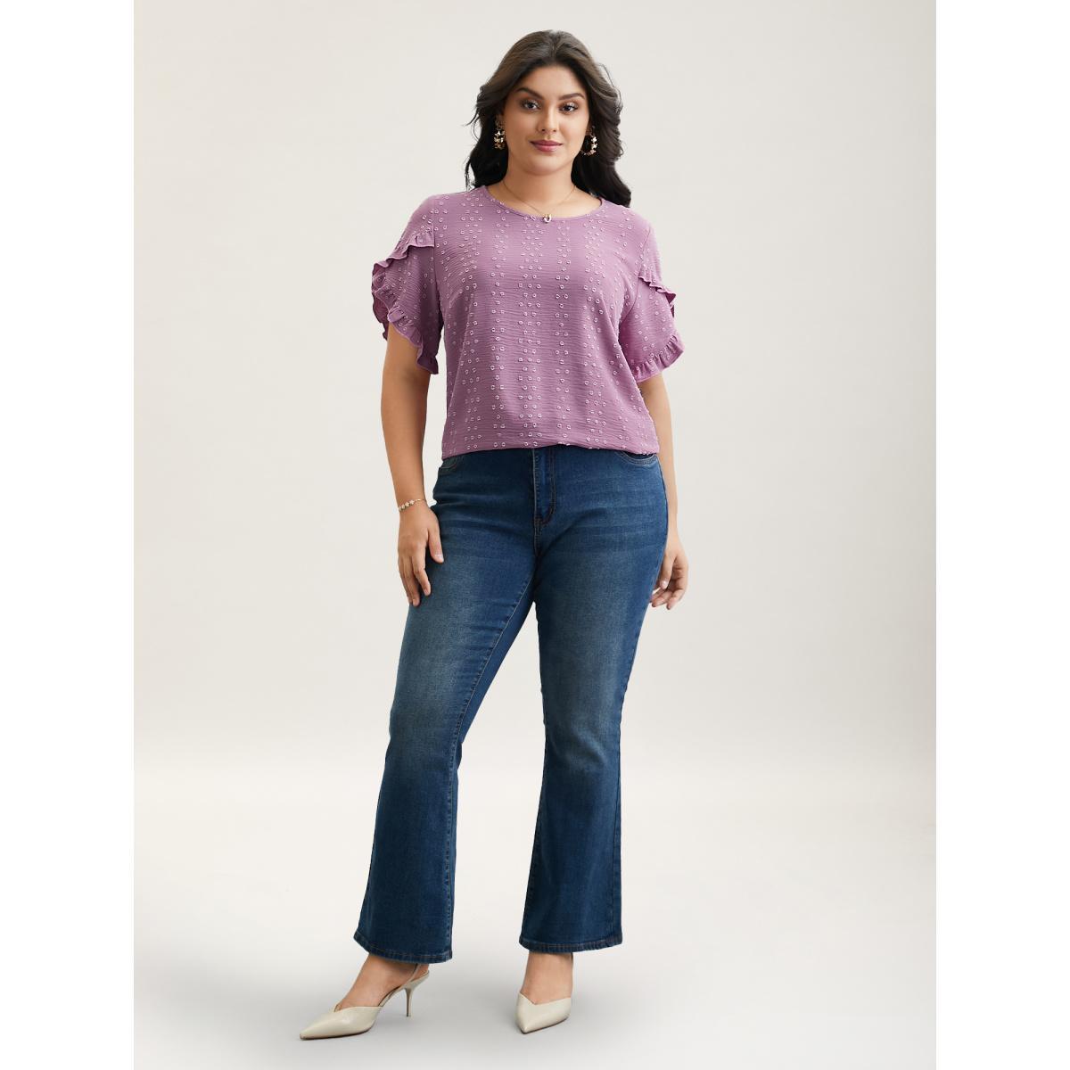 Plus Size Mauve Textured Round Neck Ruffled Sleeve Shirt Women Elegant Short sleeve Round Neck Everyday Blouses BloomChic 10/M Product Image