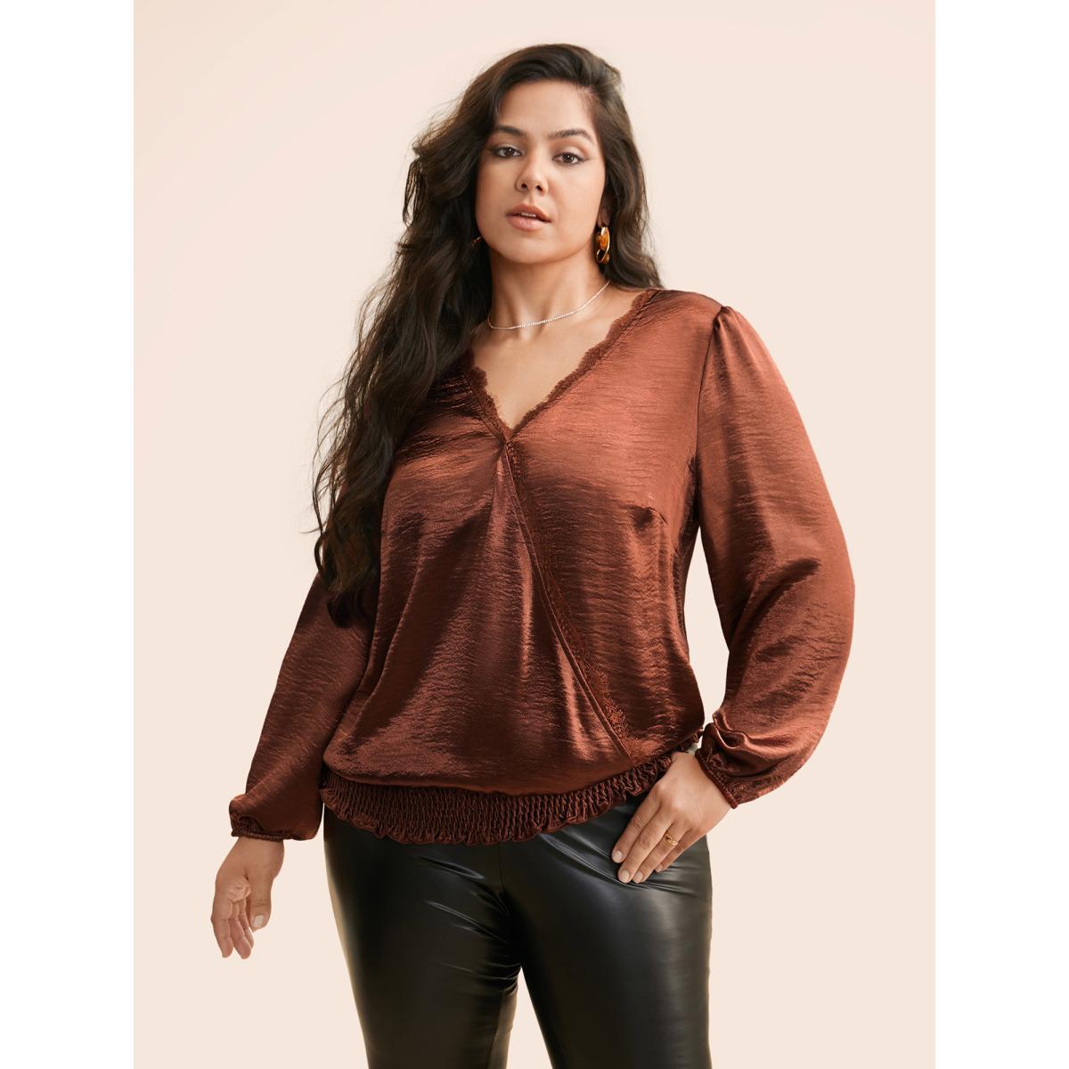 Plus Size Browncoffeecolor Overlap Collar Shirred Lace Trim Blouse Women Cocktail Long Sleeve Overlap Collar Party Blouses BloomChic 14-16/1X Product Image