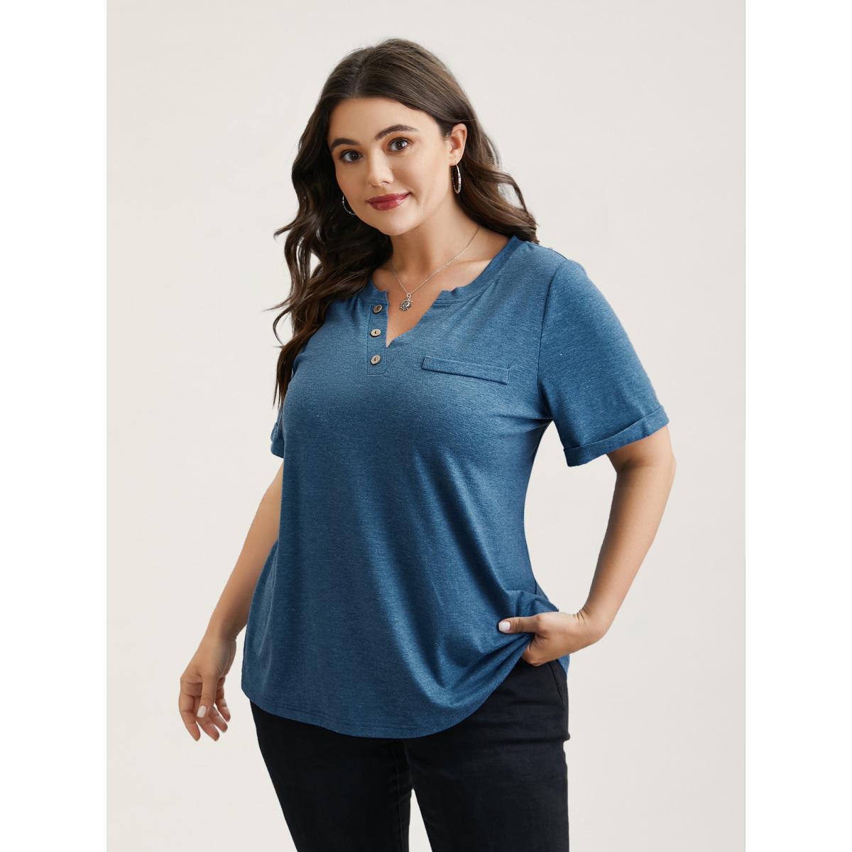Plus Size Button-Front Half Sleeve Fitted T-Shirt Cerulean Women Casual Roll Hem Notched collar Everyday T-shirts BloomChic 14-16/1X Product Image