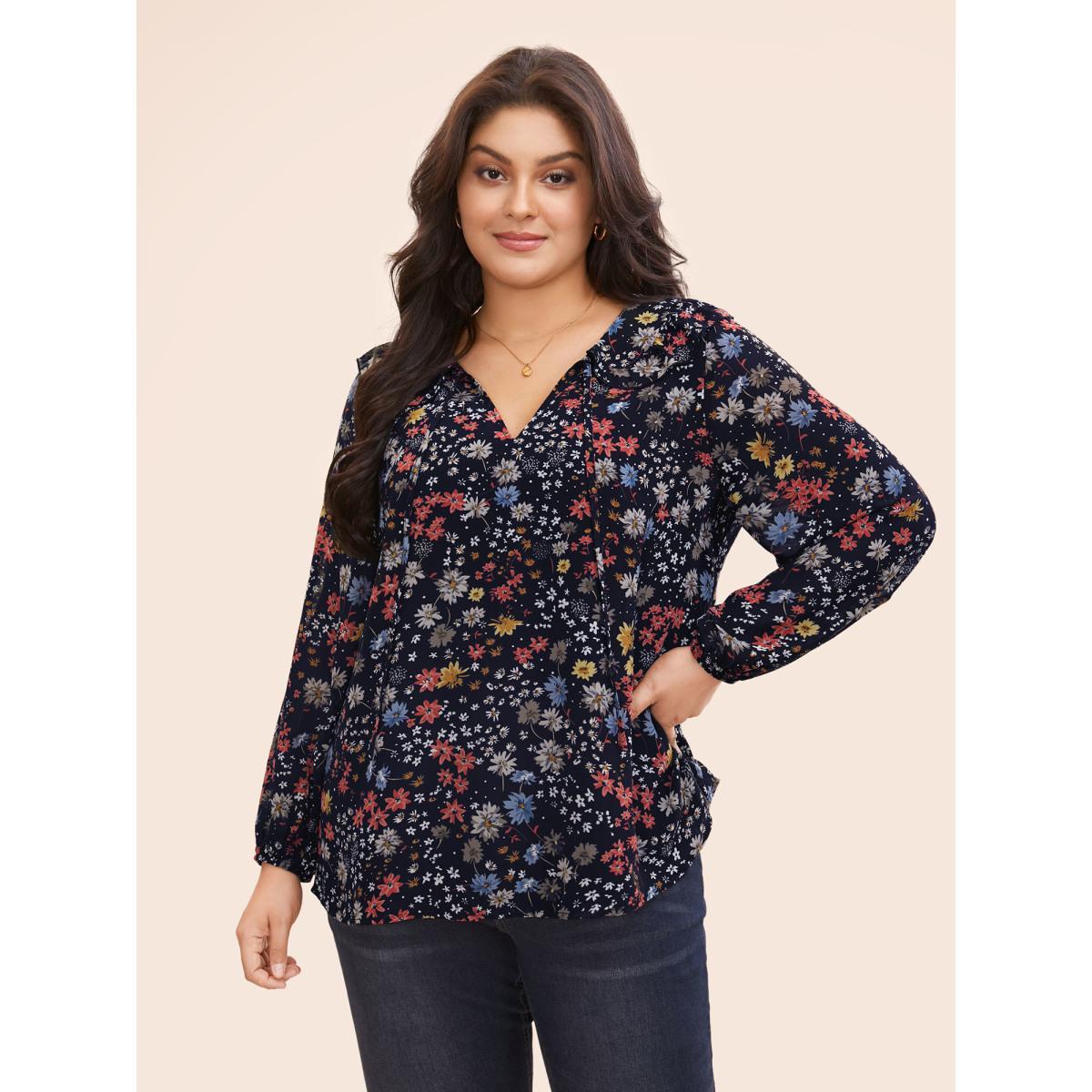 Plus Size Indigo Chiffon Floral Tie Knot Ruffle Trim Blouse Women Elegant Long Sleeve V-neck Everyday Blouses BloomChic 28/5X Product Image