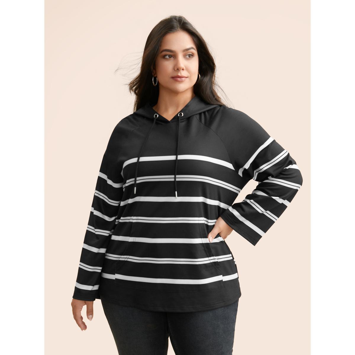 Plus Size Striped Hooded Drawstring Raglan Sleeve Sweatshirt Women Black Casual Eyelet Loose Hooded Everyday Sweatshirts BloomChic 26/4X Product Image