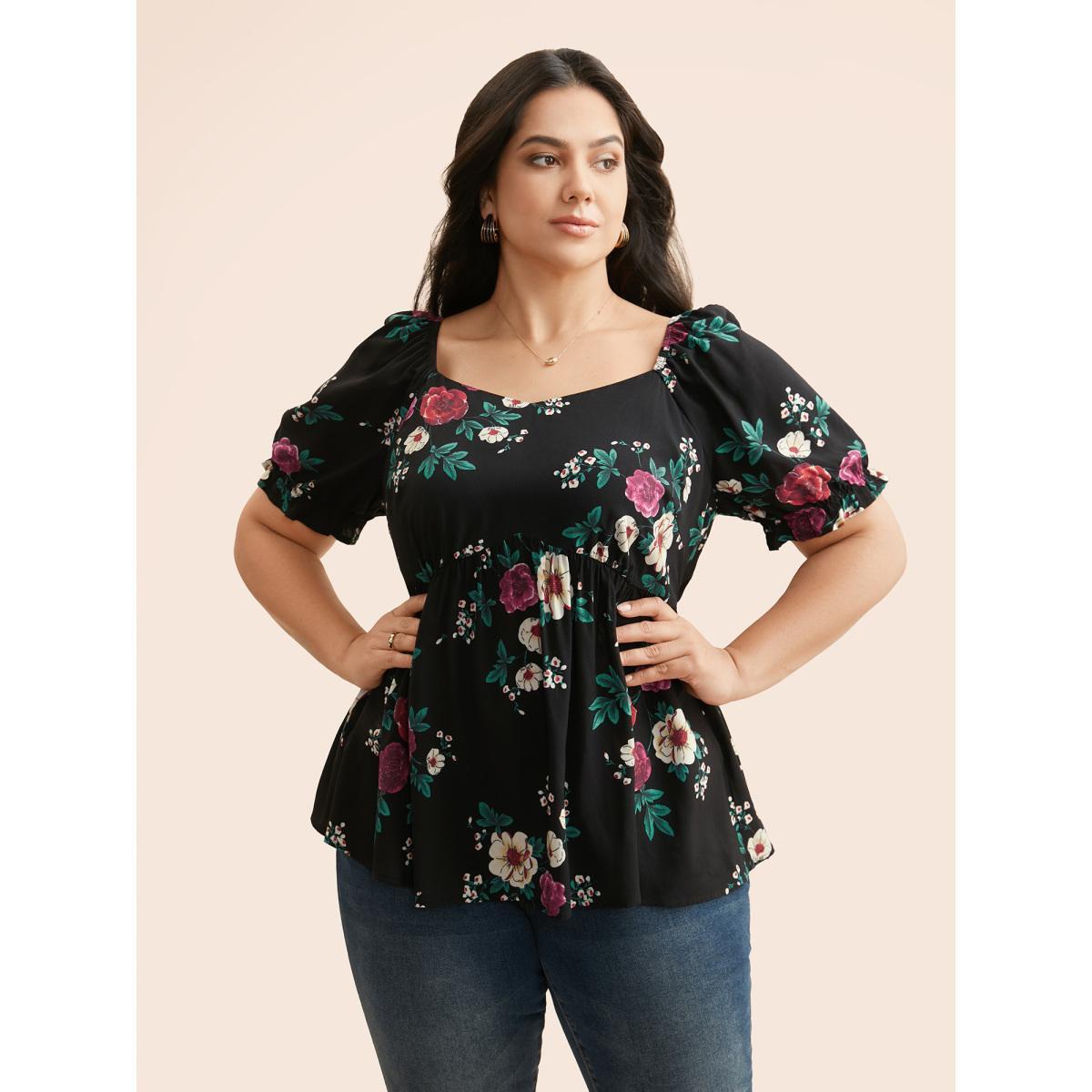 Plus Size Black Floral Print Square Neck Gathered Puff Sleeve Blouse Women Elegant Short sleeve Heart neckline Dailywear Blouses BloomChic 30/6X Product Image