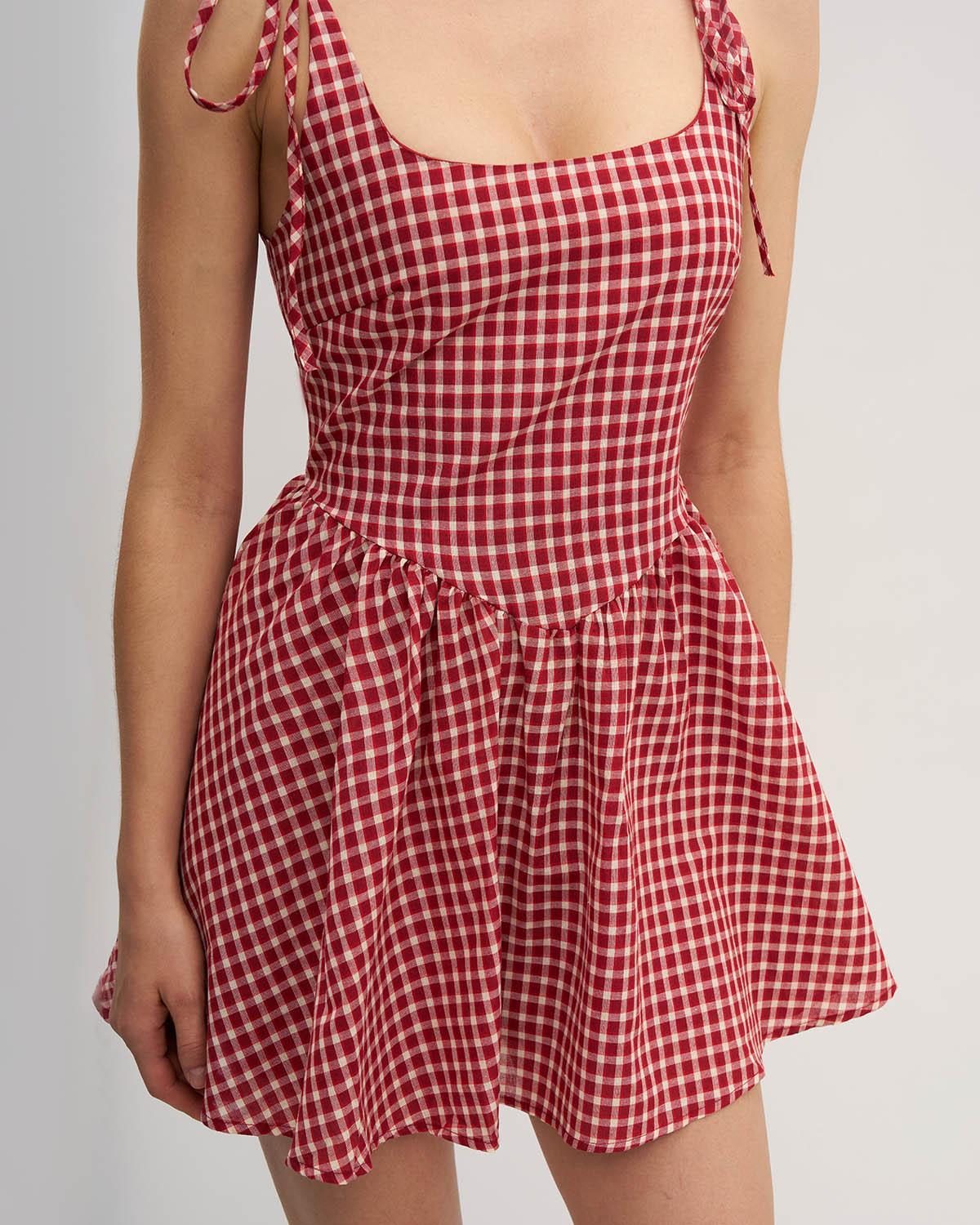 Red Plaid Tie Strap Mini Dress Product Image