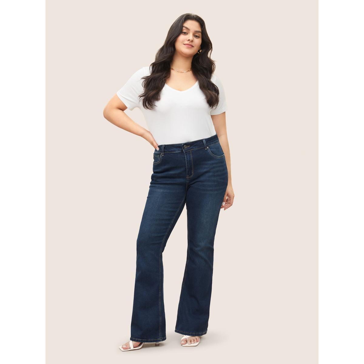 Plus Size Bootcut Very Stretchy Mid Rise Medium Wash Sculpt Waist Jeans Women Darkindigo Elegant Plain Non High stretch Slanted pocket Jeans BloomChic 20/2X Product Image