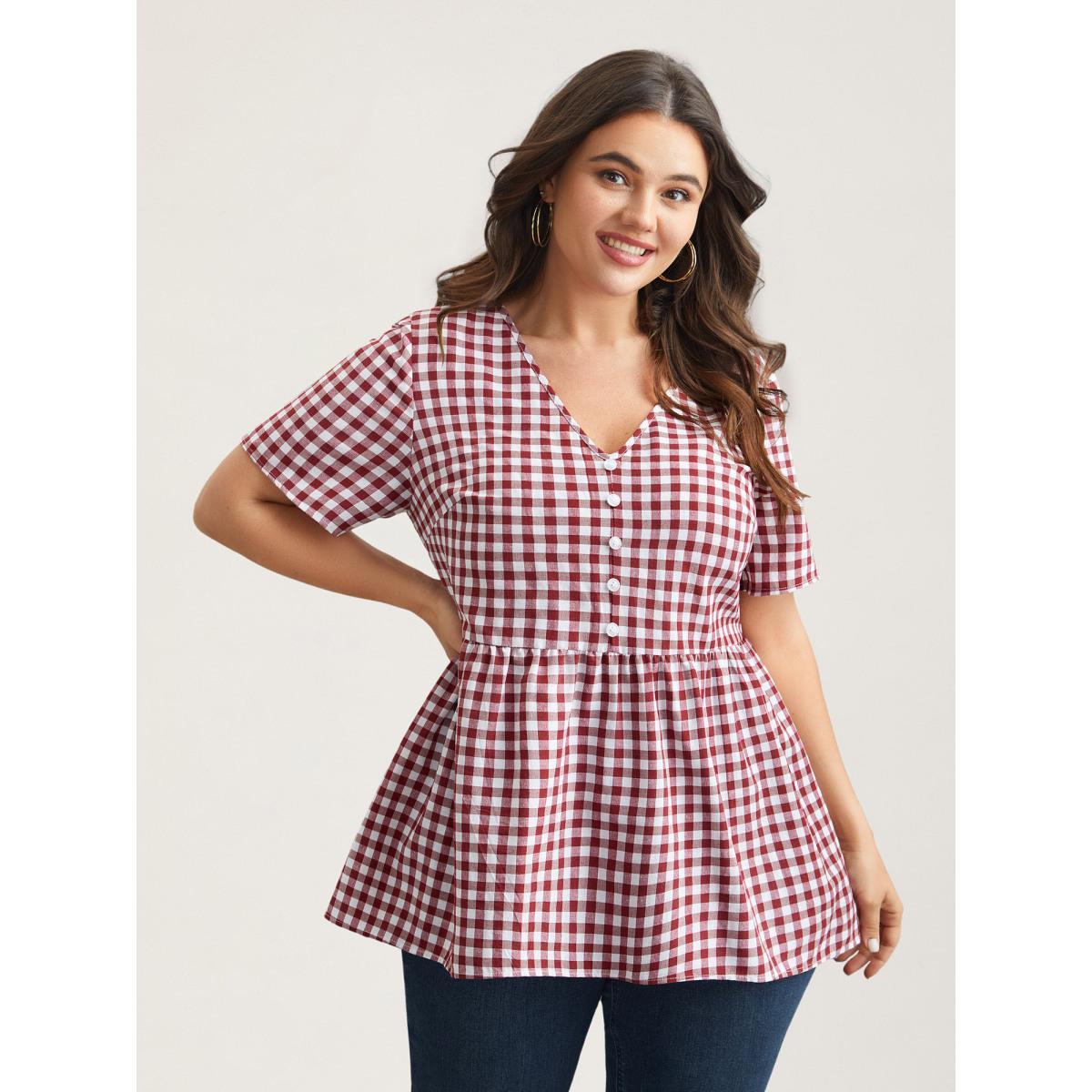 Plus Size Crimson Plaid Hi-Low Hem Button Shirt Women Casual Short sleeve V-neck Everyday Blouses BloomChic 22-24/3X Product Image