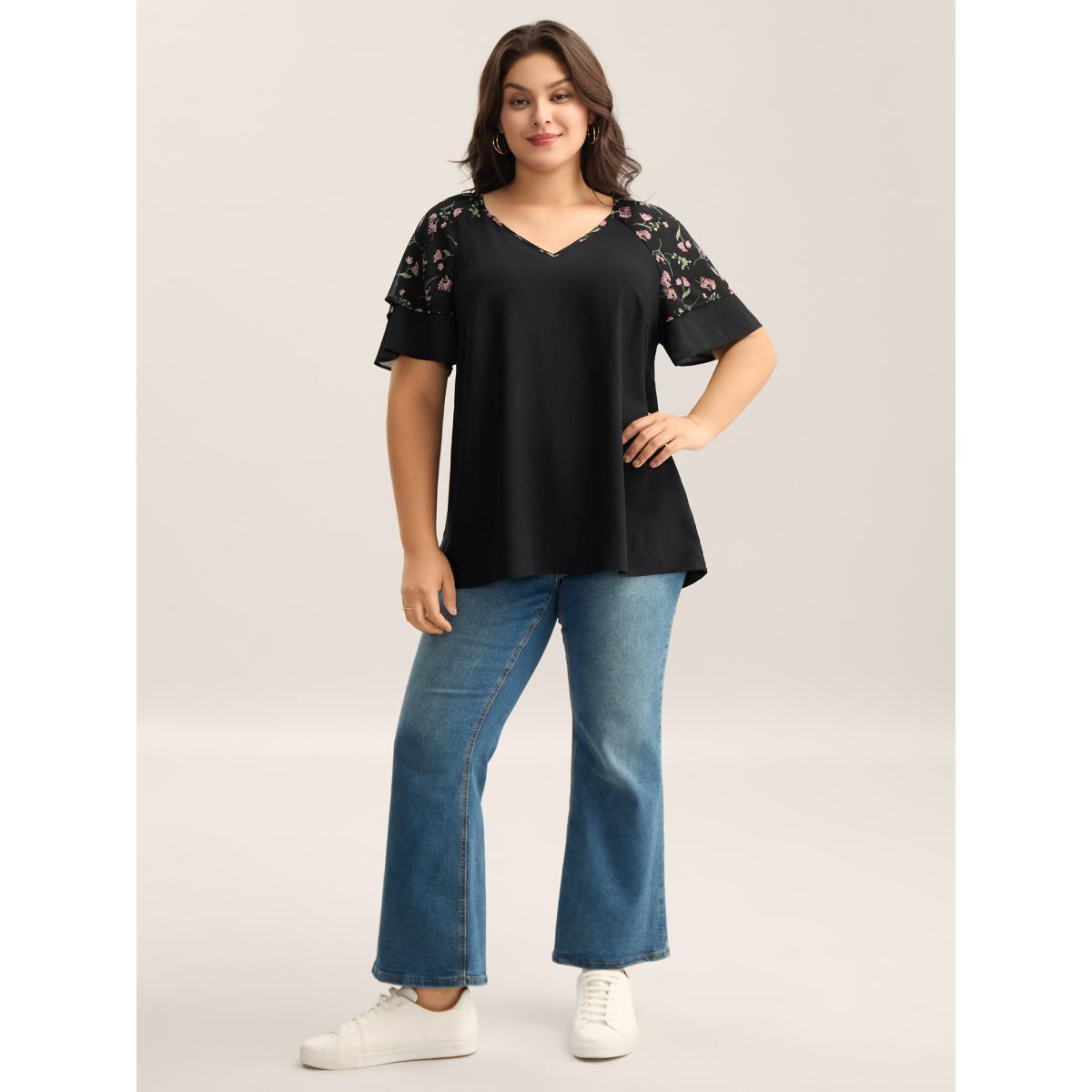 Plus Size Black Floral Layered Sleeve Solid Blouse Women Short sleeve V-neck Everyday-Casual Blouses BloomChic 22-24/3X Product Image