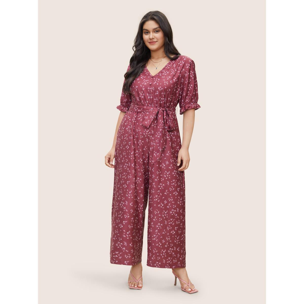 Plus Size DustyPink Ditsy Floral Flutter Trim Belted Button Detail Jumpsuit Women Elegant Half Sleeve V-neck Everyday Loose Jumpsuits BloomChic 22-24/3X Product Image
