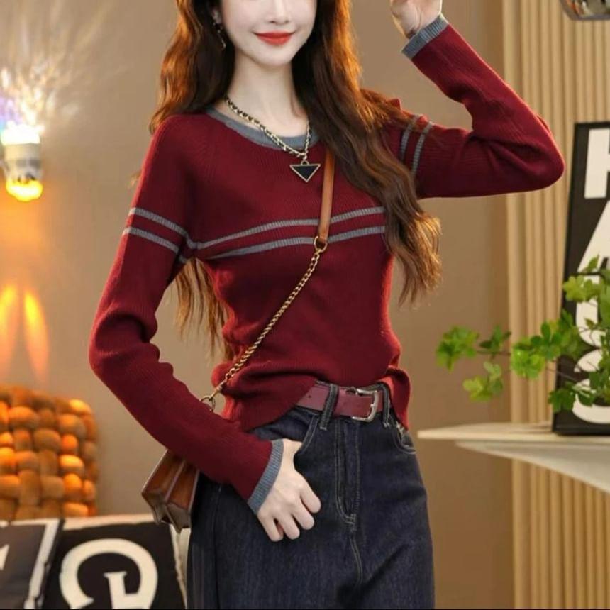 Long-Sleeve Crew Neck Striped Contrast Trim Slim Fit Knit Top Product Image