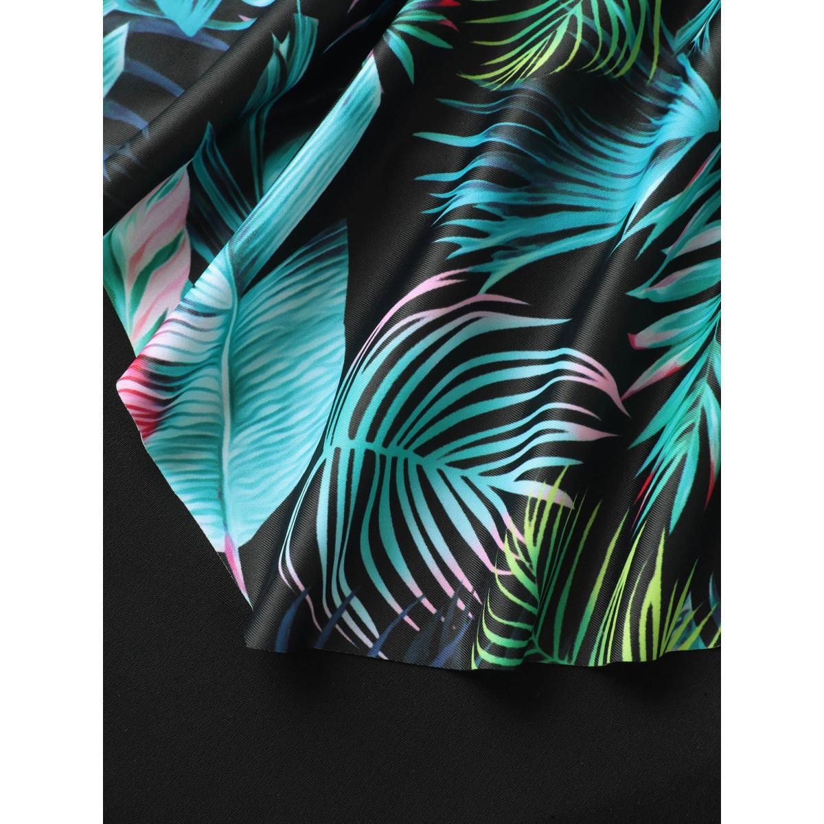 Plus Size Tropical Print Side Drawstring One-Piece Swimsuit Women's Swimwear Black Beach Drawstring Curve Bathing Suits High stretch One Pieces BloomChic 12/L Product Image