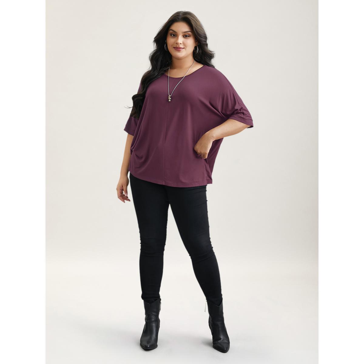 Plus Size Supersoft Round Neck Plain T-Shirt Scarlet Women Casual Non Round Neck Everyday T-shirts BloomChic 28/5X Product Image