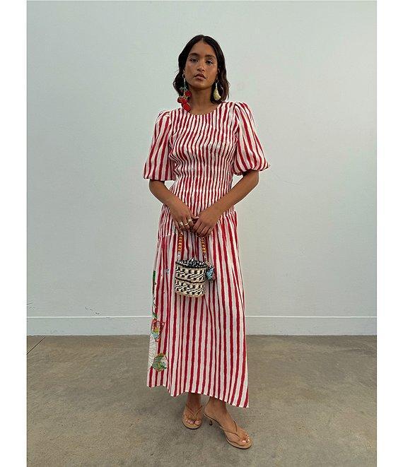 Never Fully Dressed Nara Stripe Print Crew Neck Short Puff Sleeves Maxi Dress Product Image