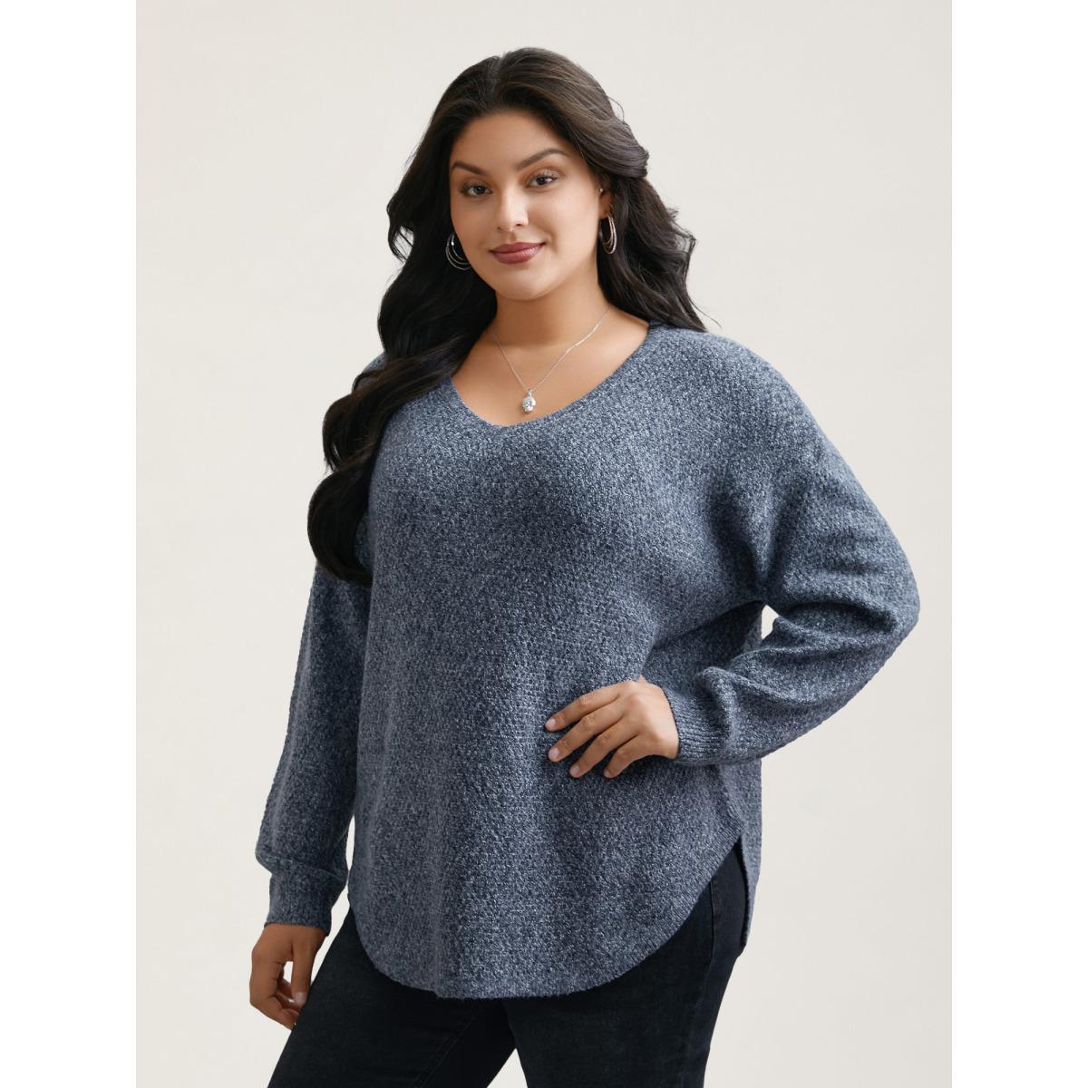 Plus Size Textured V-Neck Curved Hem Pullover Stone Women Casual Loose Long Sleeve V-neck Everyday Pullovers BloomChic 28/5X Product Image