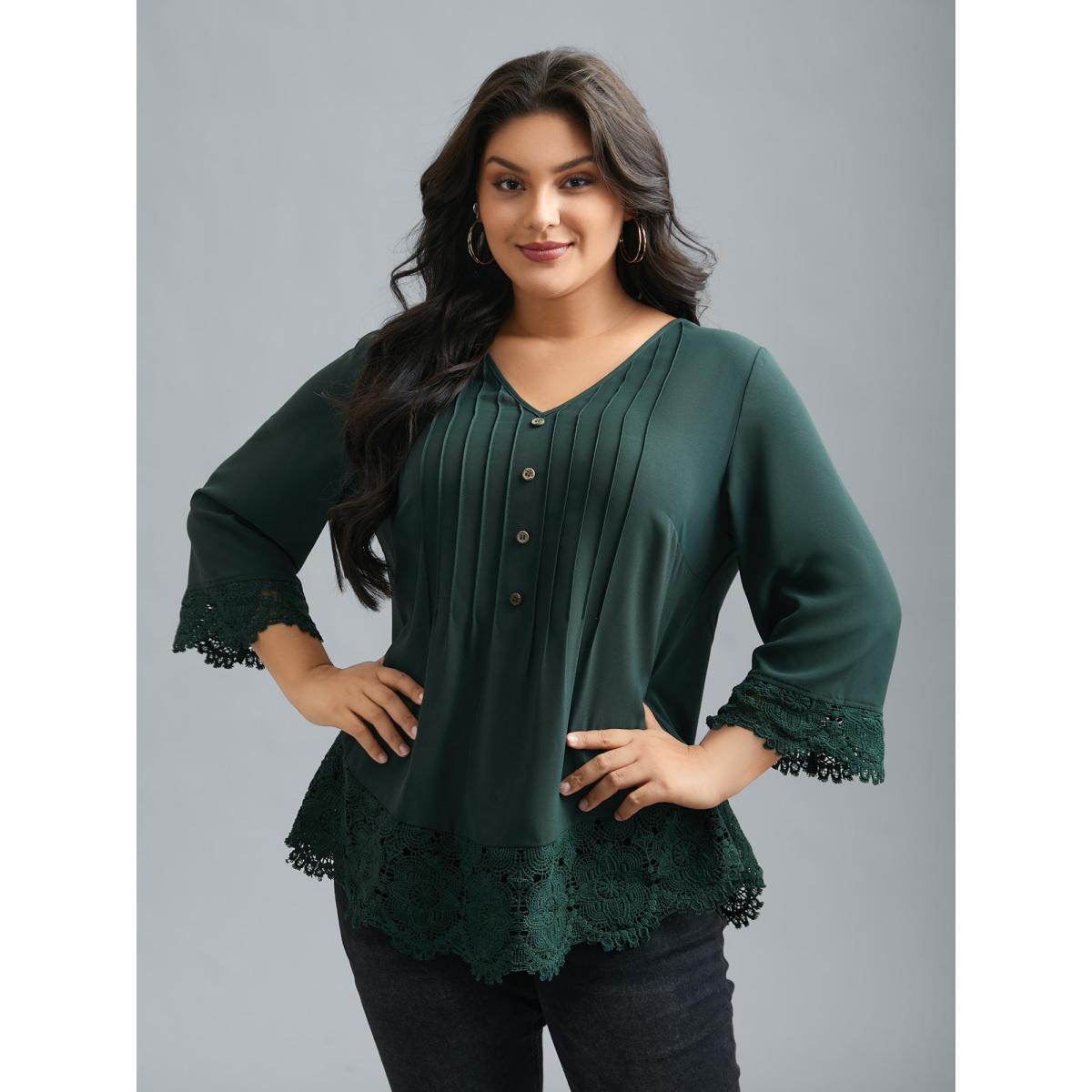 Plus Size DarkGreen V Neck Plicated Detail Contrast Lace Blouse Women Casual Elbow-length sleeve V-neck Everyday Blouses BloomChic 12/L Product Image