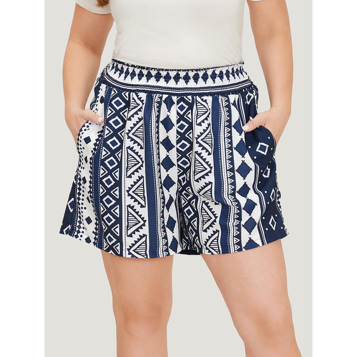 Plus Size Bandana Shirred Waist Pocket Shorts Women Blue Vacation Pocket Dailywear Shorts BloomChic 12/L Product Image