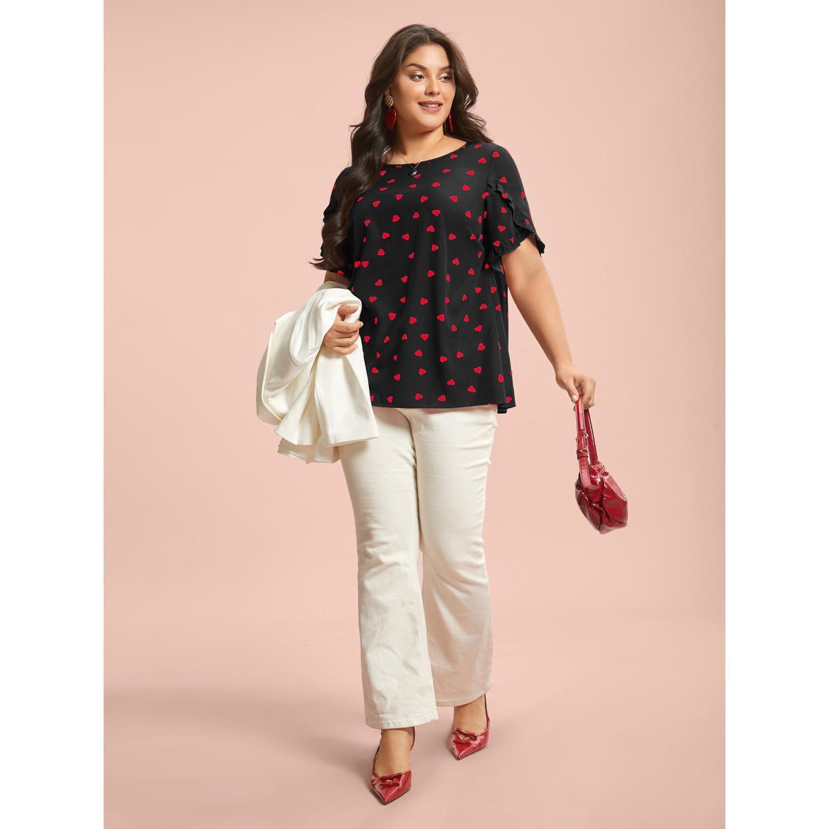 Plus Size Black Ruffled Overlap Sleeve Heart Pattern Blouse Women Elegant Short sleeve Round Neck Everyday Blouses BloomChic 30/6X Product Image