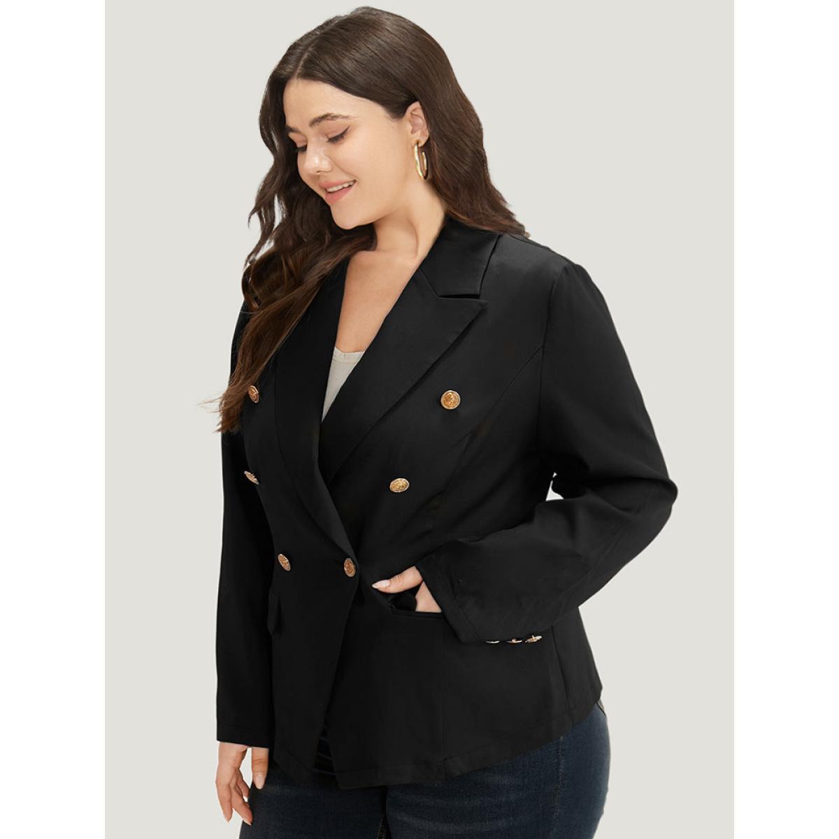 Plus Size Suit Collar Buckle Detail Pocket Blazer Black Women Work Plain Plain Sleeve Long Sleeve Suit Collar 30/6X Pocket Workwear Essentials Blazers BloomChic Product Image