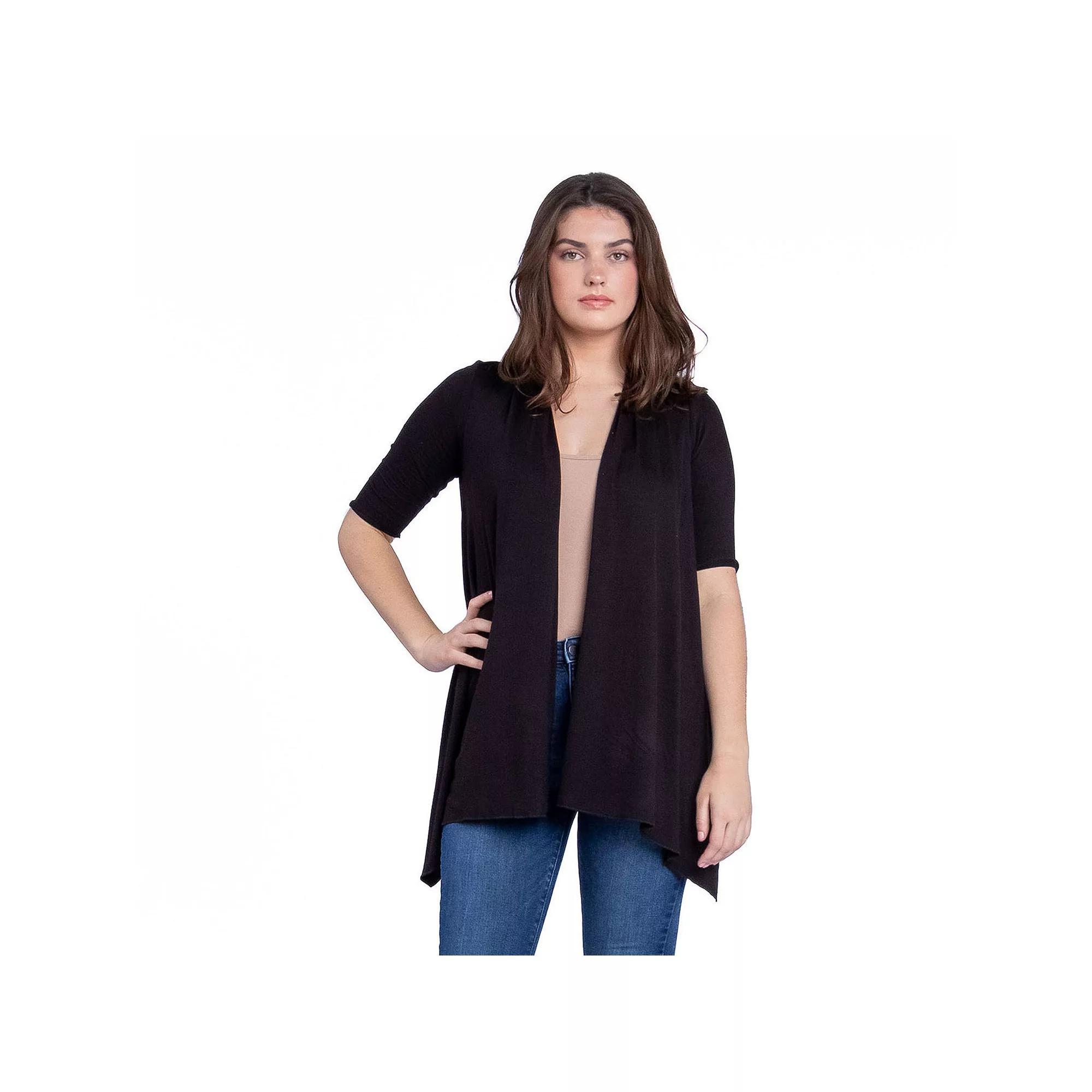 Women's 24Seven Comfort Apparel Loose Fit Open Front Cardigan with Half Sleeve, Size: Small, Black Product Image