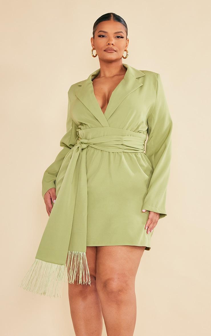 Plus Olive Wrap Front Tassel Belted Dress Product Image