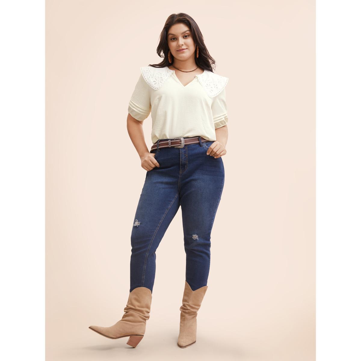 Plus Size Ivory Lace Collar Lantern Sleeve Pleated Blouse Women Resort Short sleeve Lace collar Vacation Blouses BloomChic 22-24/3X Product Image