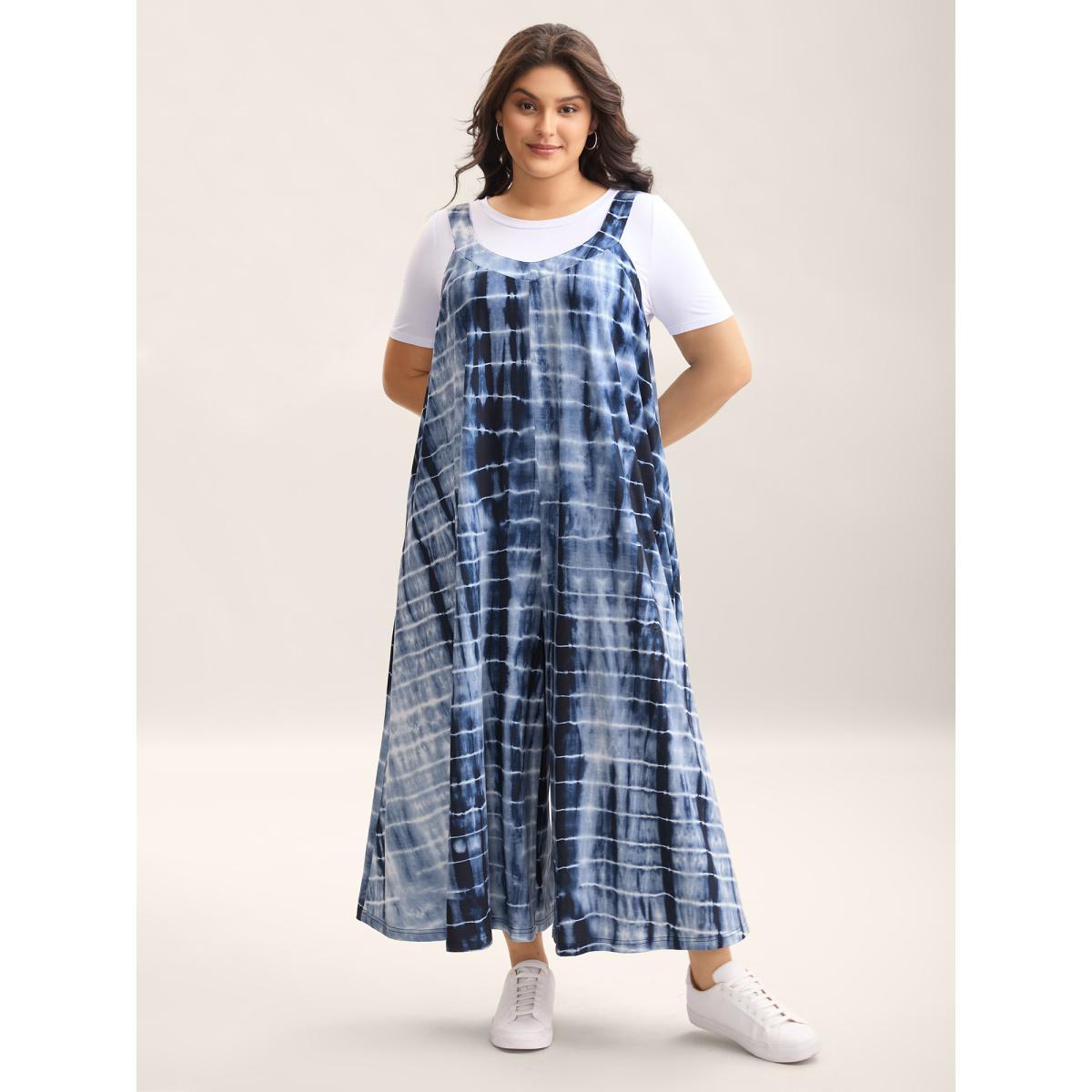 Plus Size DarkBlue Supersoft Tie-Dye Backless Jumpsuit Women Sleeveless Round Neck Everyday-Casual Loose Jumpsuits BloomChic 28/5X Product Image