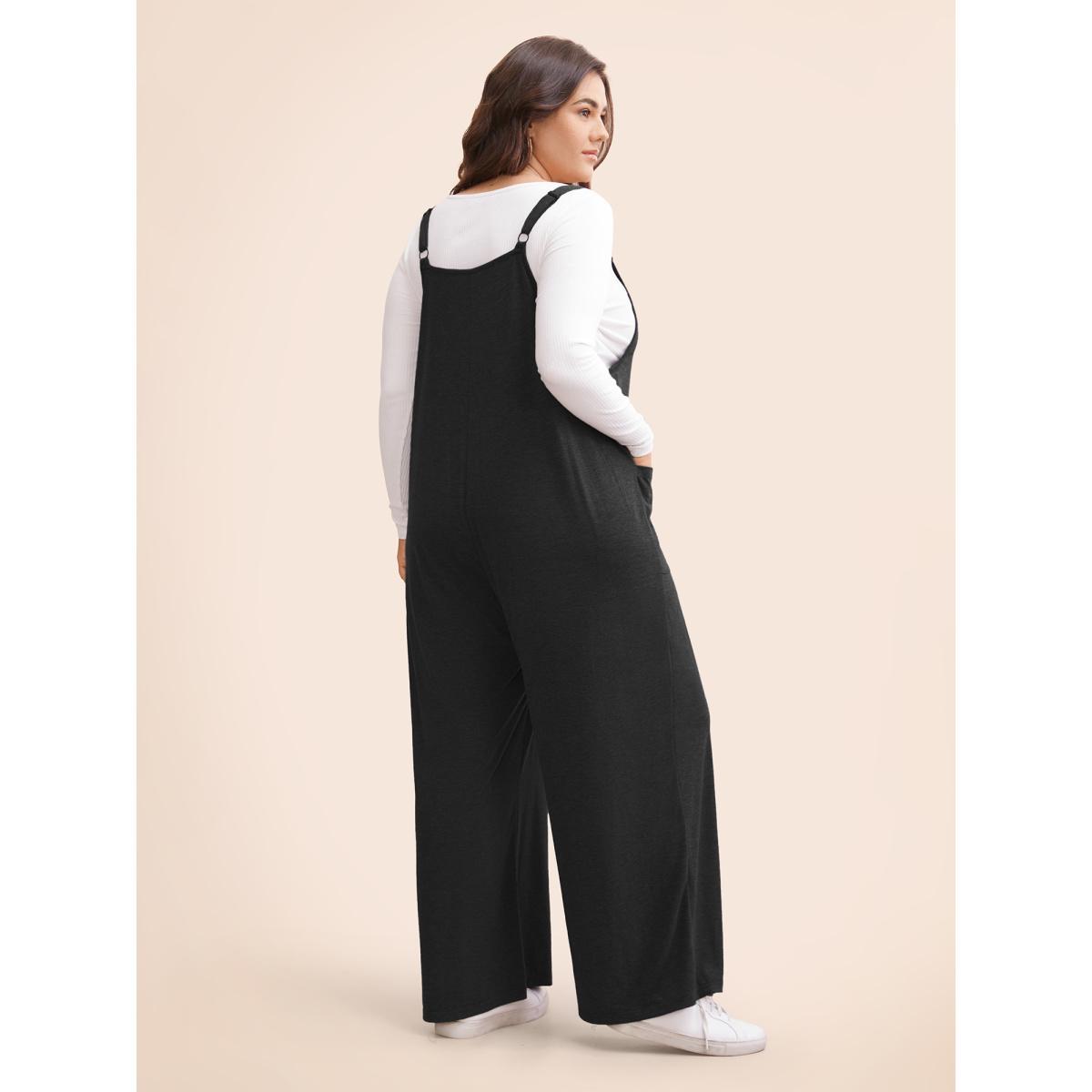 Plus Size Black Supersoft Essentials Solid Patched Pocket Overall Cami Jumpsuit Women Casual Sleeveless V-neck Dailywear Loose Jumpsuits BloomChic 30/6X Product Image