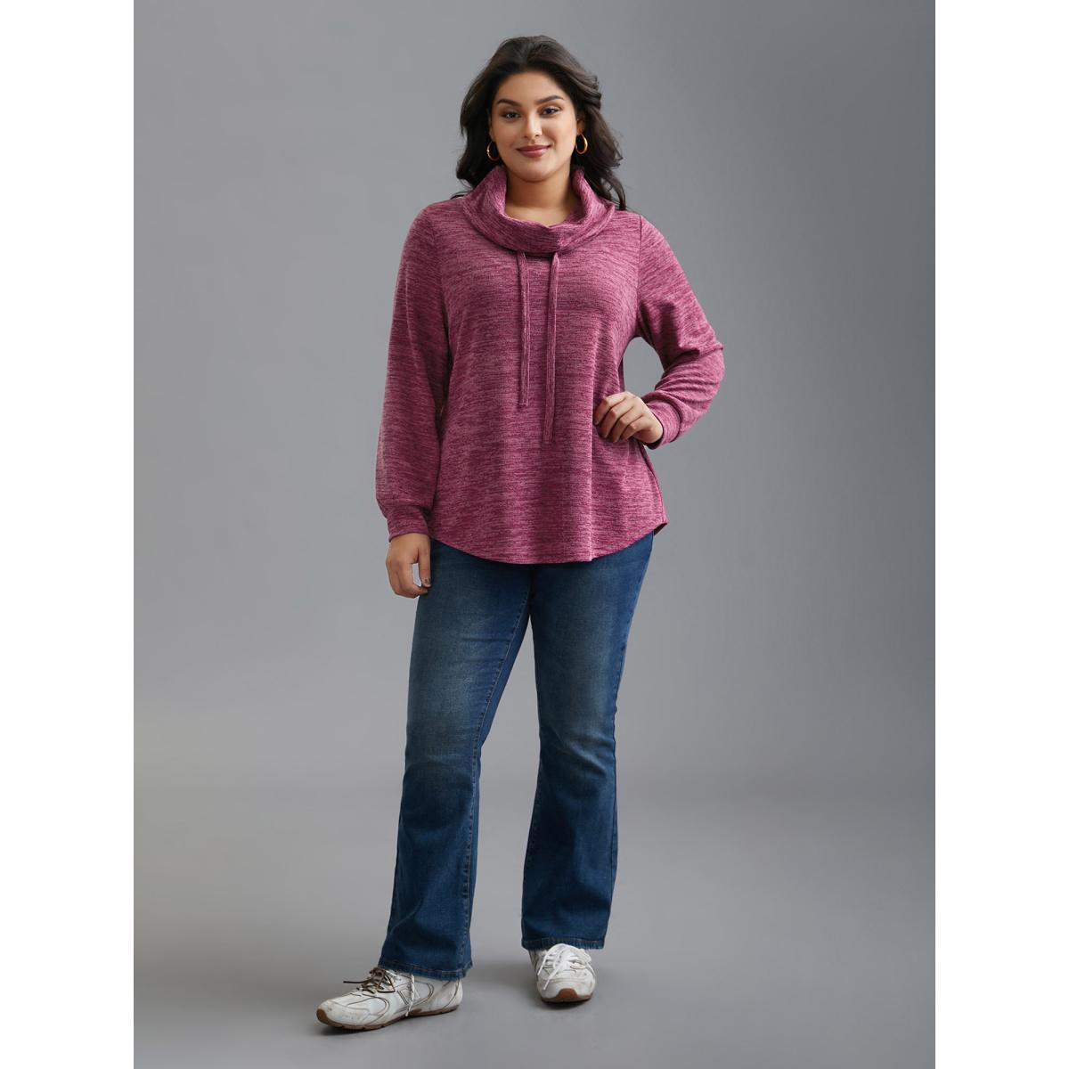Plus Size Cowl Neck Plain Heather Drawstring Sweatshirt Women RedViolet Casual Drawstring Loose Ruffled collar Everyday Sweatshirts BloomChic 18-20/2X Product Image