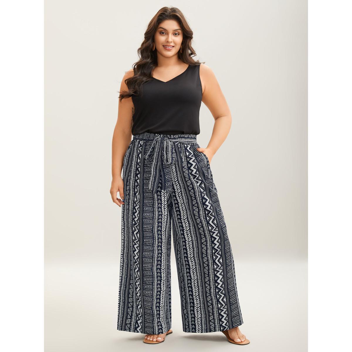 Plus Size Waist-Tie Wide-Leg Boho Print Pants Women Indigo Casual Wide Leg Mid Rise Everyday-Casual Pants BloomChic 14-16/1X Product Image