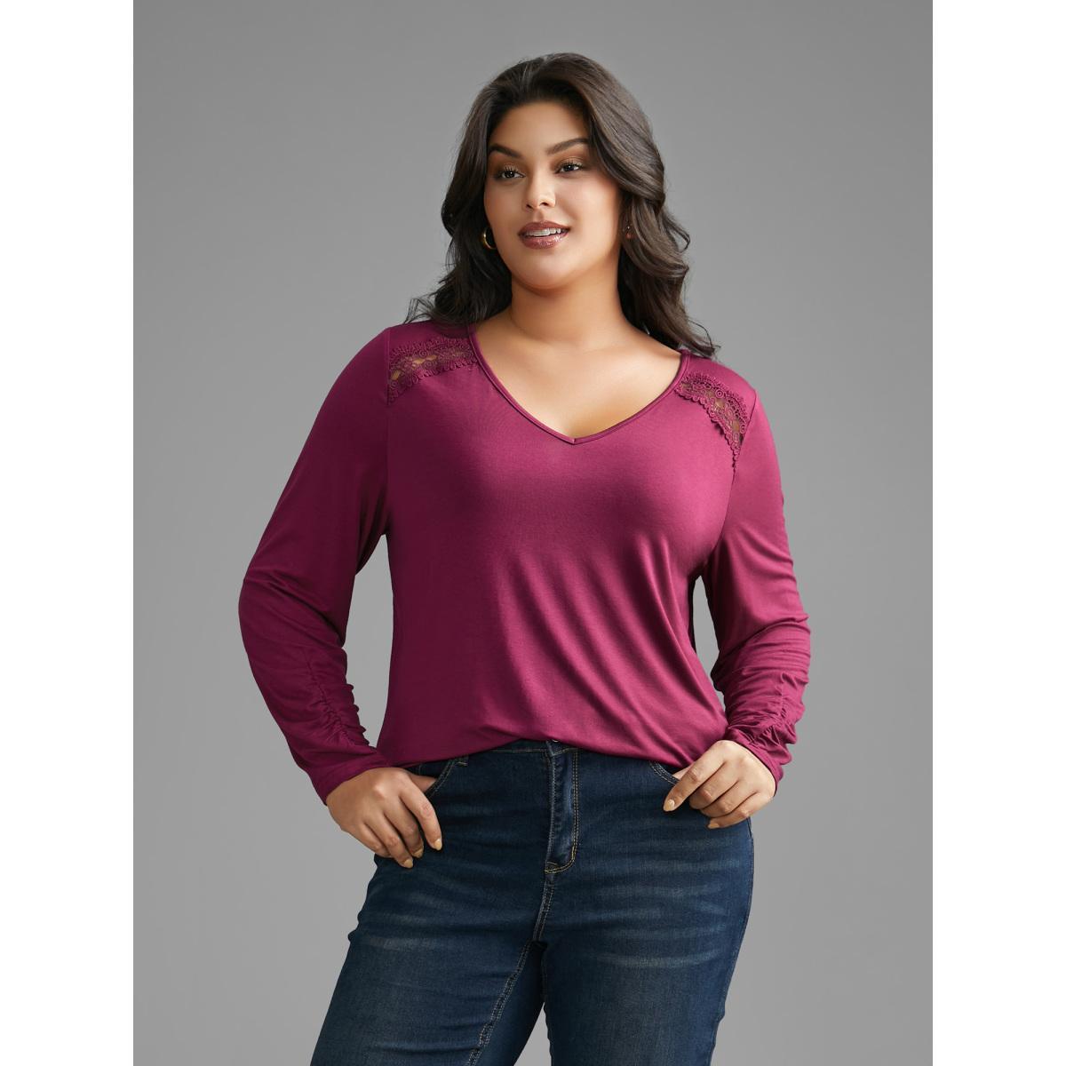 Plus Size Solid V Neck Lace Patchwork T-shirt RedViolet Women Elegant Woven ribbon&lace trim V-neck Everyday T-shirts BloomChic 30/6X Product Image