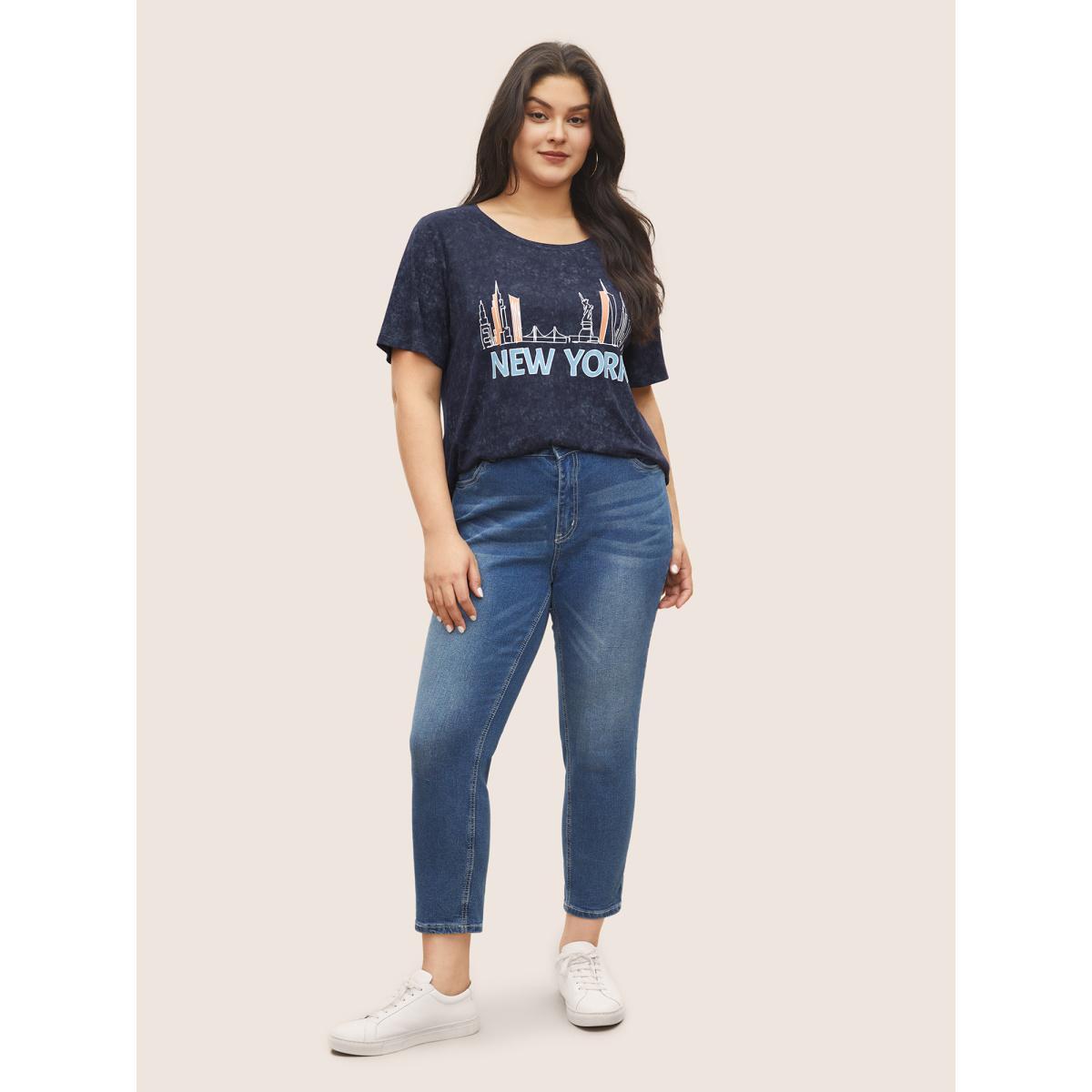 Plus Size Vintage City Print Crew Neck T-shirt Indigo Women Casual Non Area Everyday T-shirts BloomChic 14-16/1X Product Image