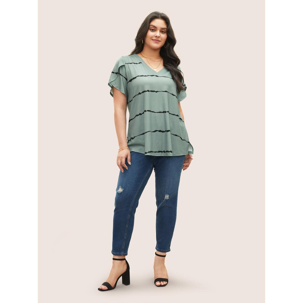 Plus Size Striped Contrast Petal Sleeve T-shirt Mint Women Elegant Striped Everyday T-shirts BloomChic 10/M Product Image