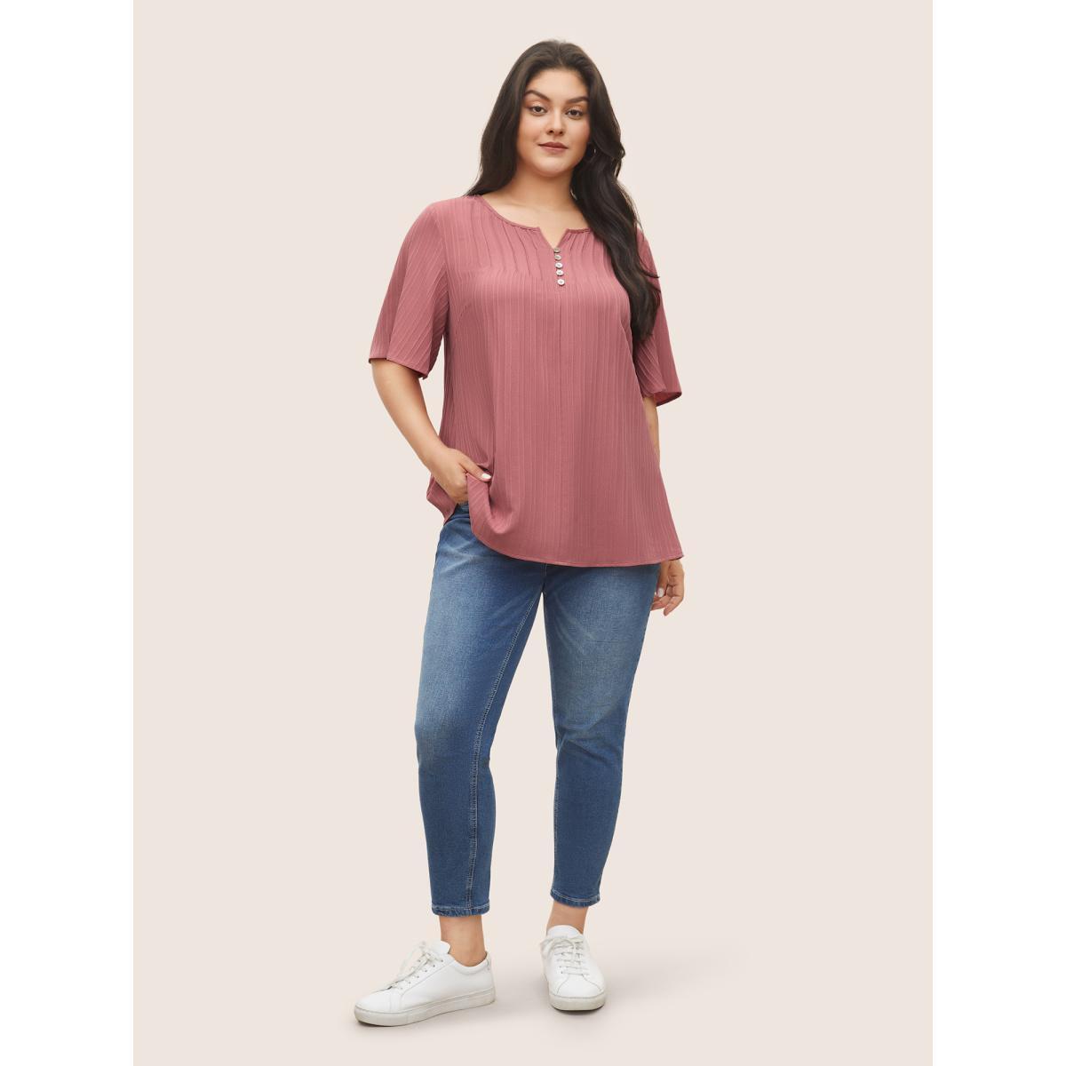 Plus Size DustyPink Plain Texture Notched Pleated Button Detail Blouse Women Casual Short sleeve Notched collar Everyday Blouses BloomChic 28/5X Product Image
