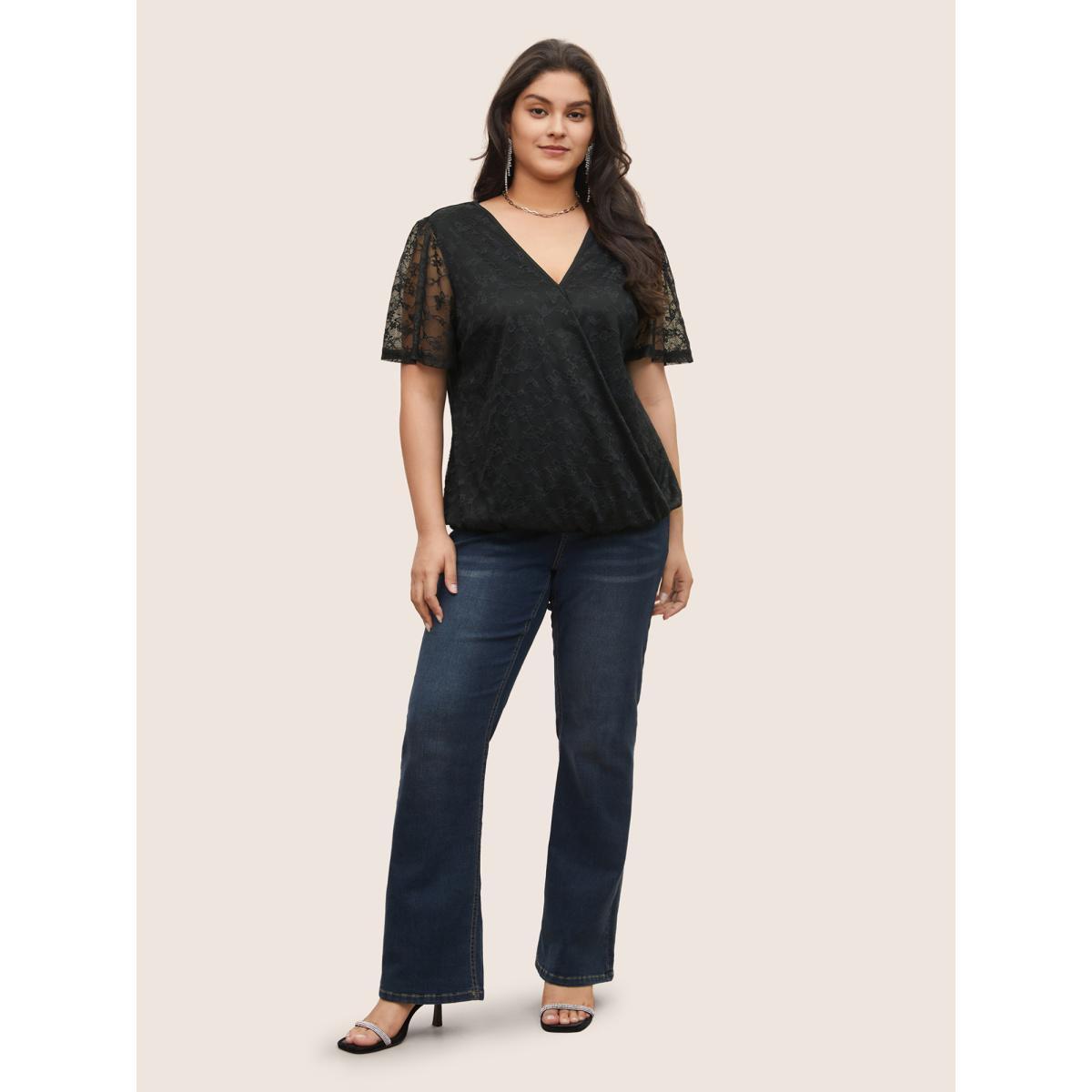 Plus Size Black Overlap Collar Mesh Patchwork Lace Insert Blouse Women Cocktail Short sleeve Overlap Collar Party Blouses BloomChic 28/5X Product Image