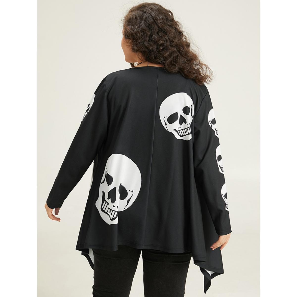 Plus Size Halloween Skull Print Asymmetrical Hem Drape Kimono Women Black Casual Drape Loose Dailywear Kimonos BloomChic 22-24/3X Product Image