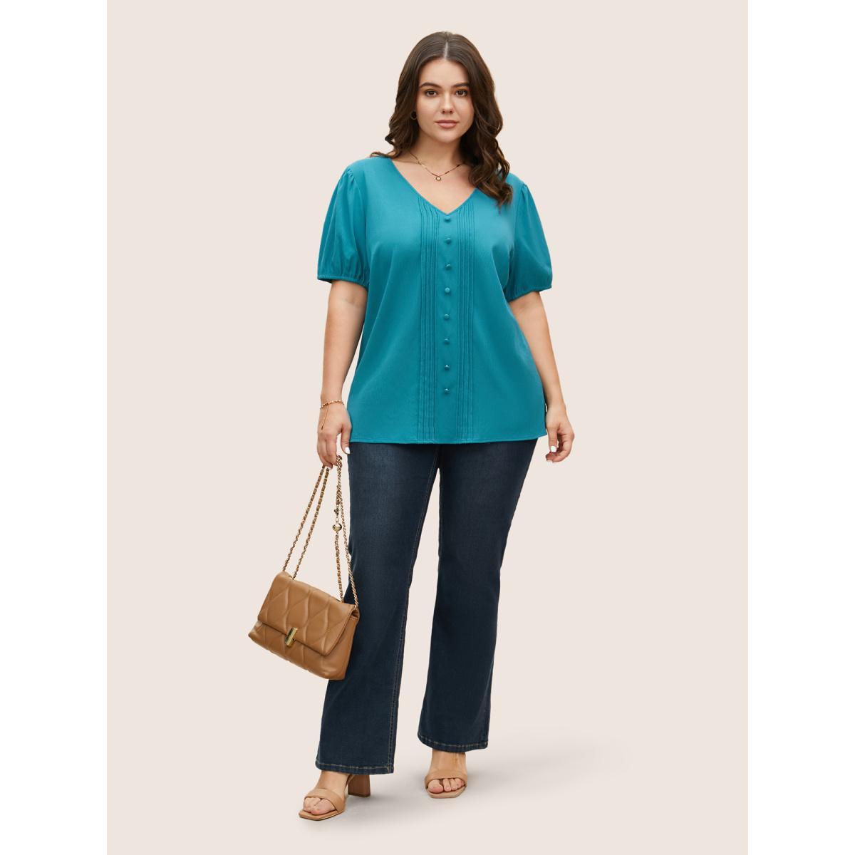 Plus Size Cerulean V Neck Button Detail Pleated Split Hem Blouse Women Casual Short sleeve V-neck Everyday Blouses BloomChic 10/M Product Image