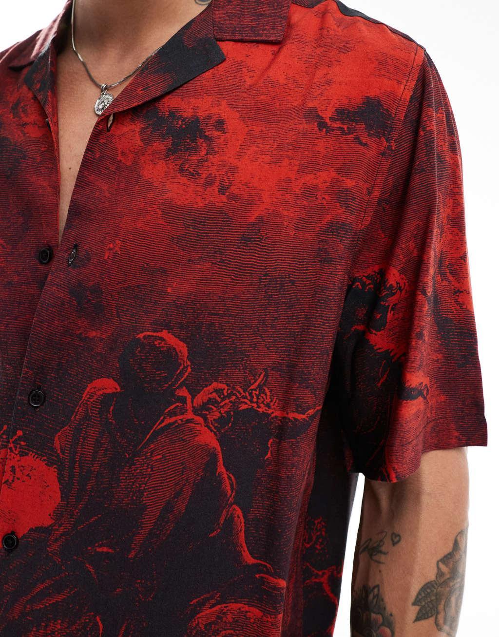 ASOS DESIGN relaxed revere shirt with halloween print in red  Product Image