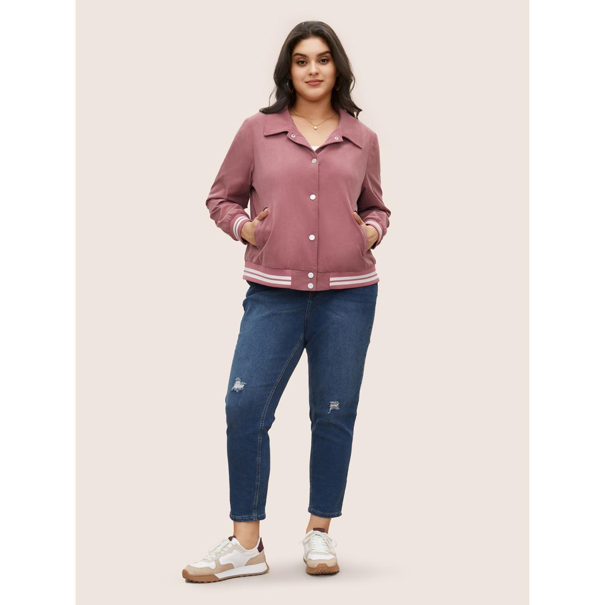 Plus Size Contrast Trim Button Through Rib Knit Jacket Women DustyPink Non Slanted pocket Everyday Jackets BloomChic 12/L Product Image