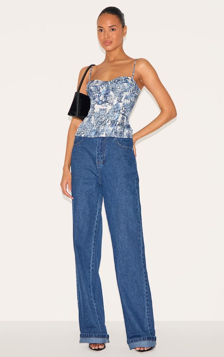 Blue Renaissance Print Structured Corset Top Product Image