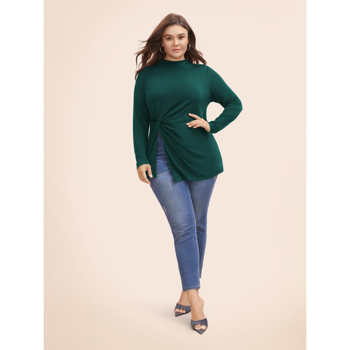 Plus Size Supersoft Essentials Twist Front Split Hem T-shirt DarkGreen Women Casual Tie knot Mock Neck Skinny Everyday T-shirts BloomChic 18-20/2X Product Image