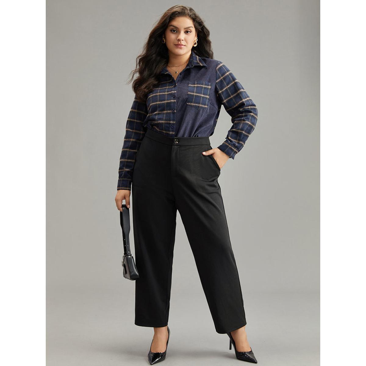 Plus Size Plain Elastic Waist Pocket Mid Rise Pants Women Black Office Mid Rise Work Pants BloomChic 22-24/3X Product Image