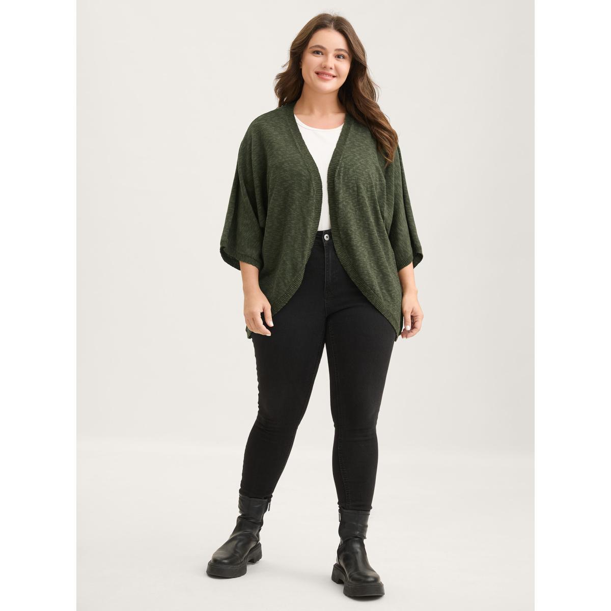 Plus Size Curvy Hem Solid Open-Front Lightweight Cardigan ArmyGreen Women Loose Half Sleeve Everyday-Casual Cardigans BloomChic 14-16/1X Product Image