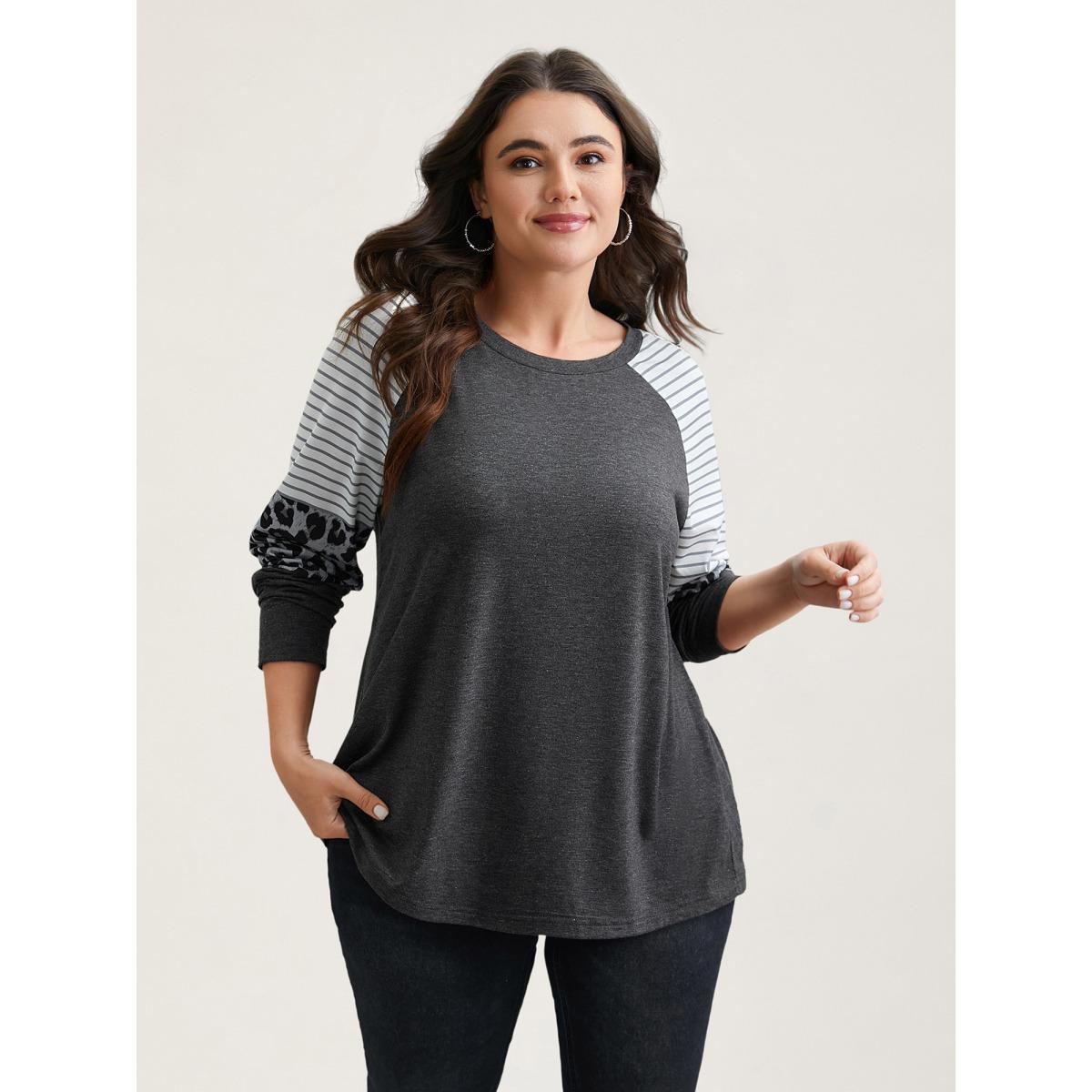 Plus Size Mixed Leopard Print Raglan Sleeve T-Shirt DimGray Women Casual Contrast Round Neck Everyday T-shirts BloomChic 22-24/3X Product Image