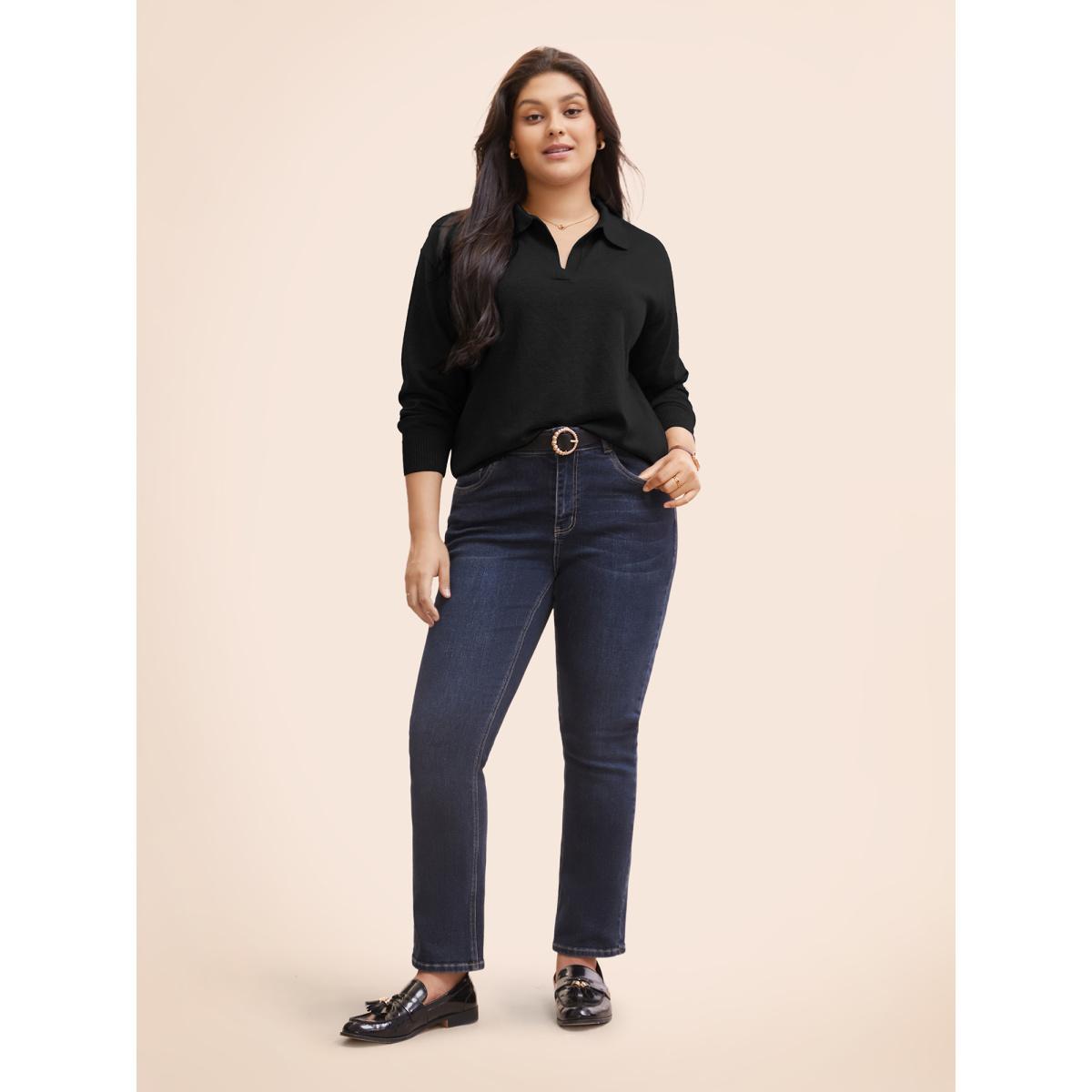 Plus Size Polo Neck Drop Shoulder Sleeve Soft Pullover Black Women Casual Long Sleeve Polo Everyday Pullovers BloomChic 12/L Product Image